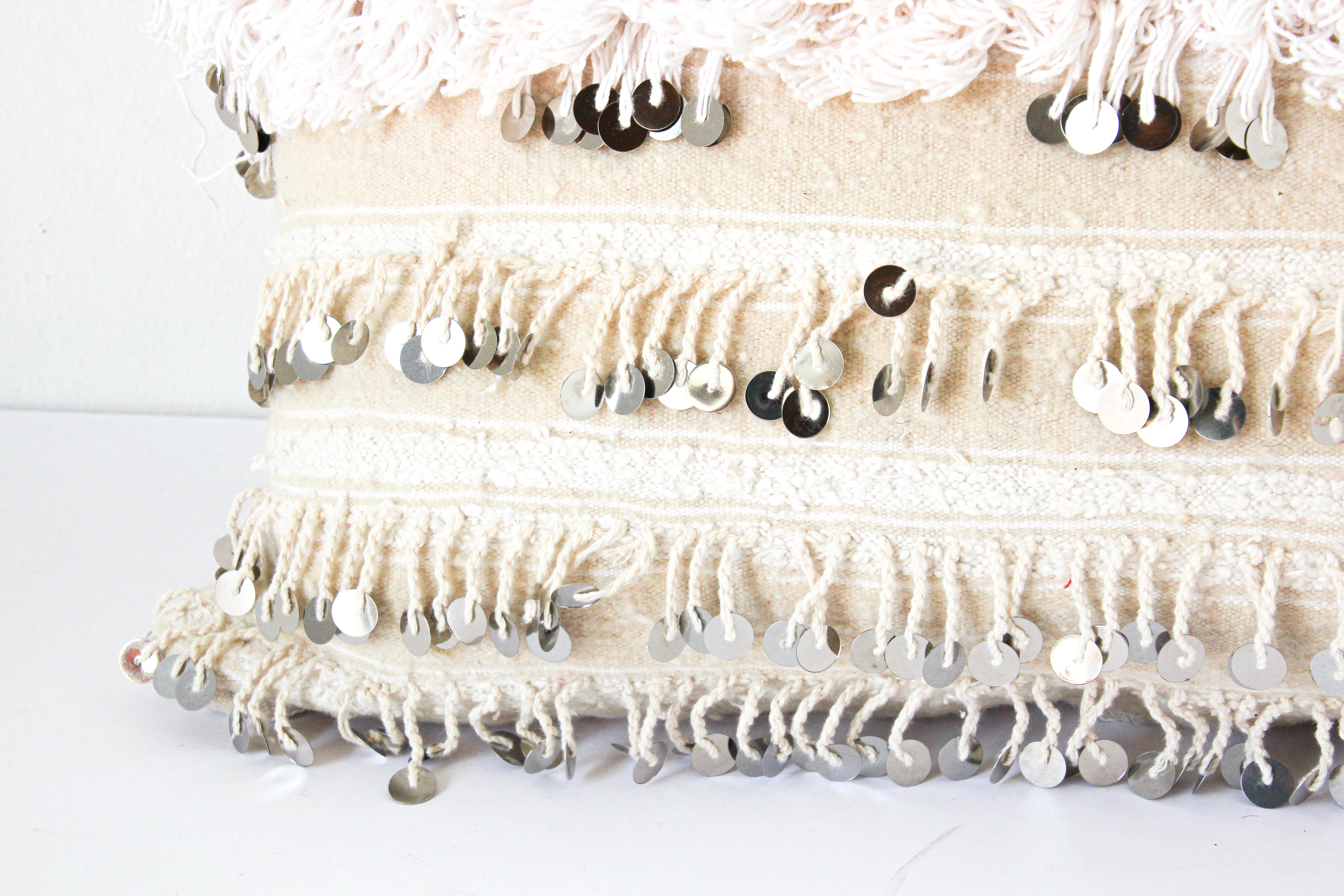 Tribal Vintage Moroccan White Pillow with Silver Sequins and Long Fringes For Sale