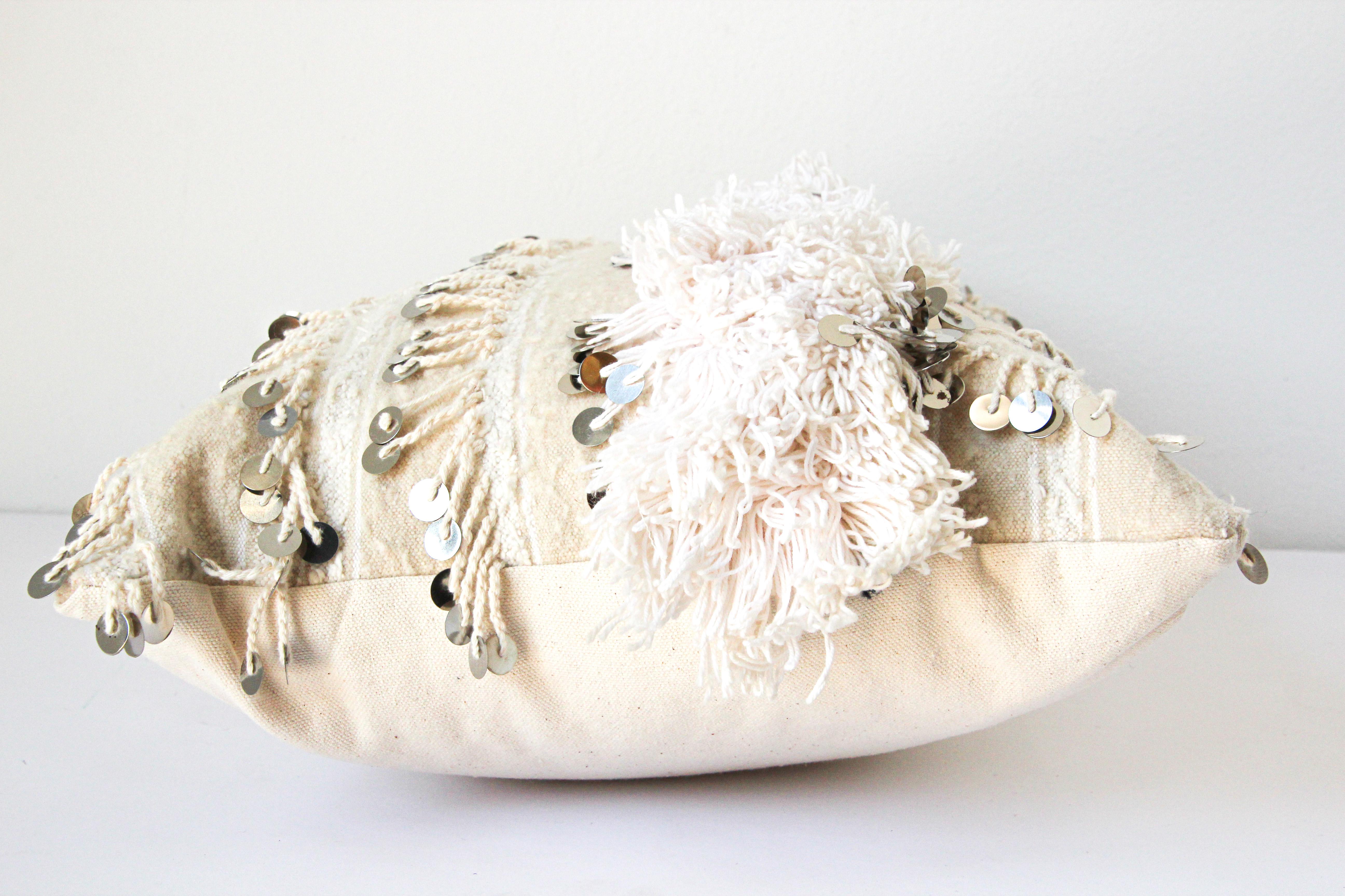 Wool Vintage Moroccan White Pillow with Silver Sequins and Long Fringes For Sale