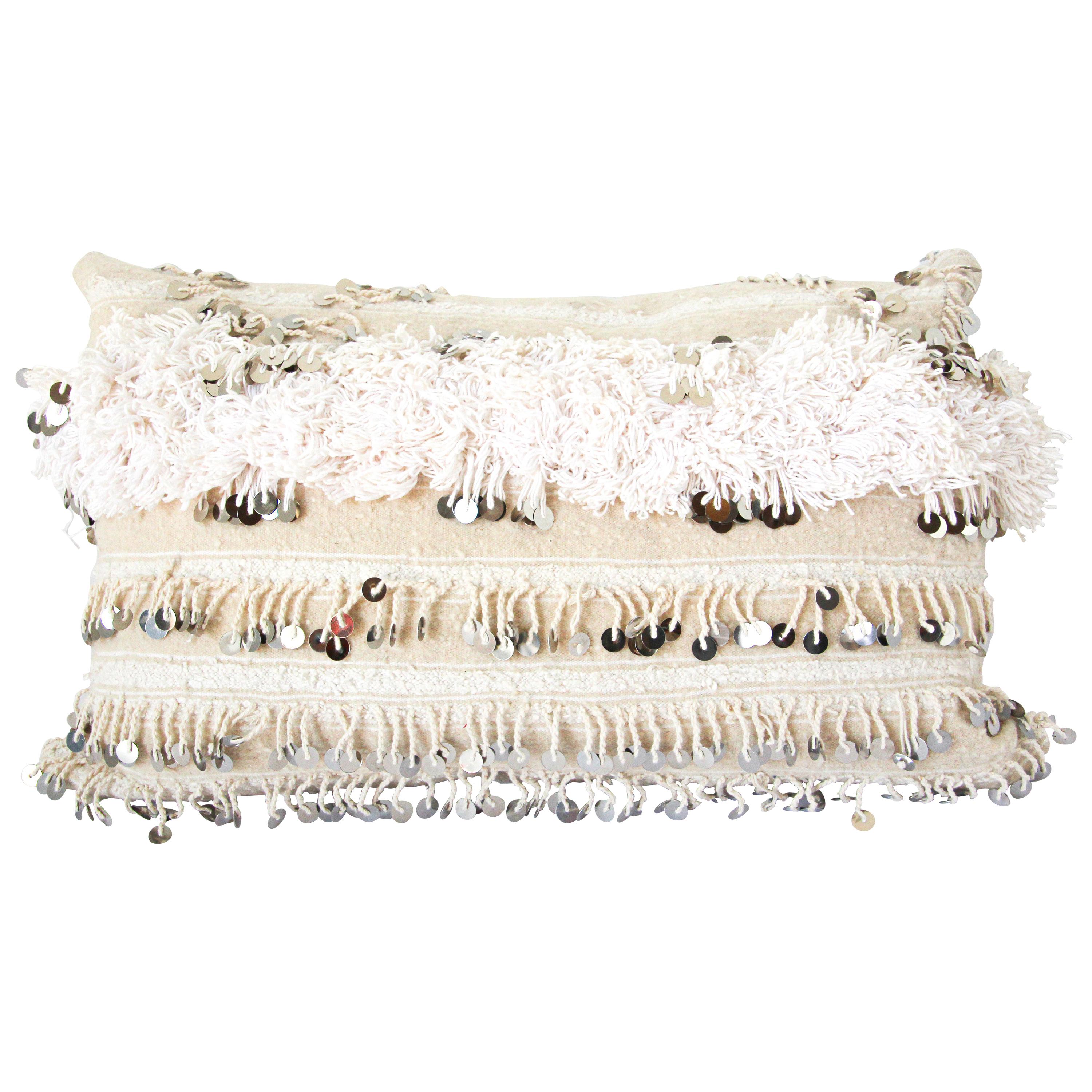 Vintage Moroccan White Pillow with Silver Sequins and Long Fringes For Sale