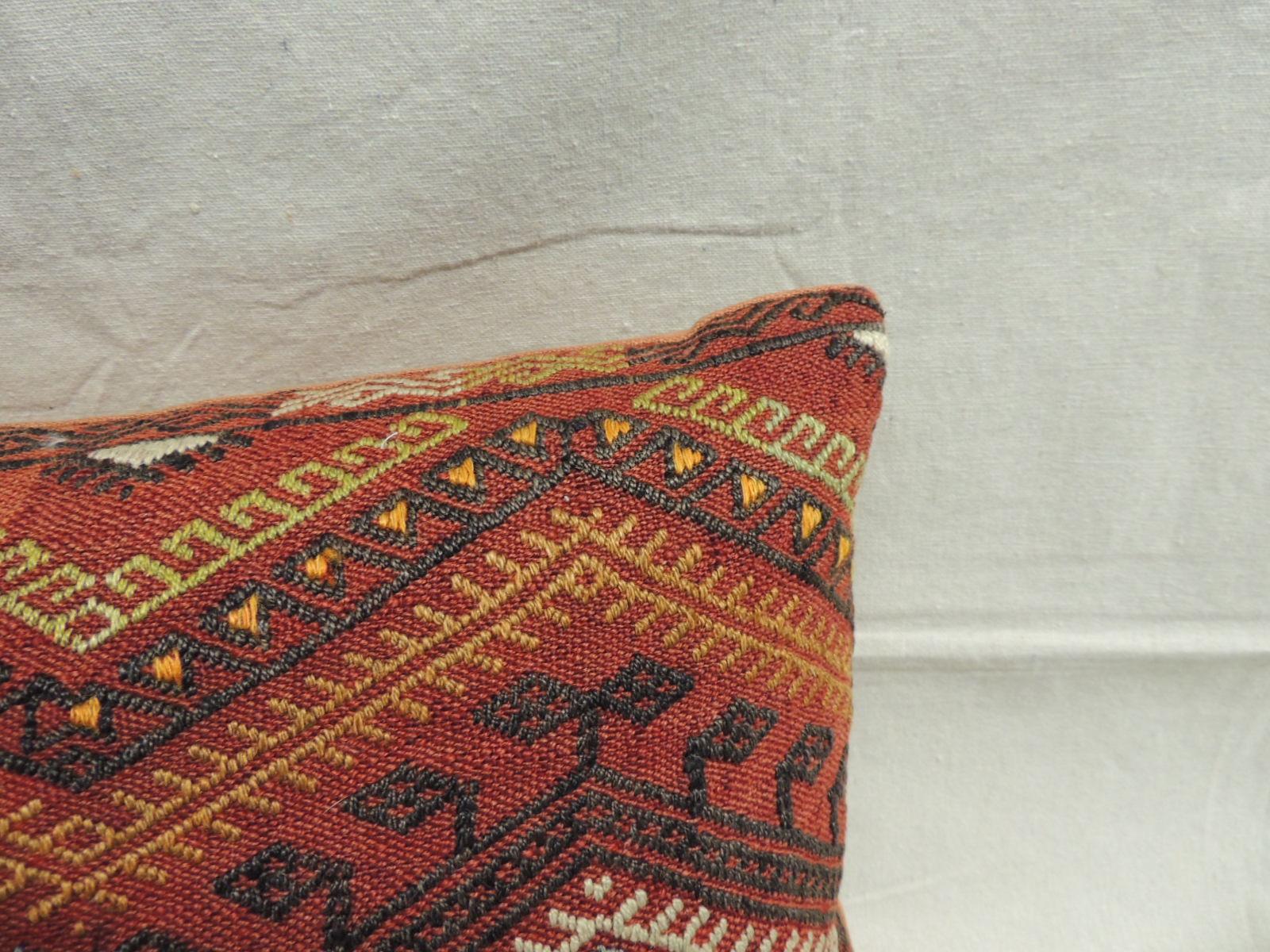 Vintage Moroccan woven orange and red Kilim decorative Bolster pillow.
Soft orange linen backing.
Decorative pillow handcrafted and designed in the USA.
Closure by stitch (no zipper closure) with feather/down custom-made pillow insert.
Size: 15