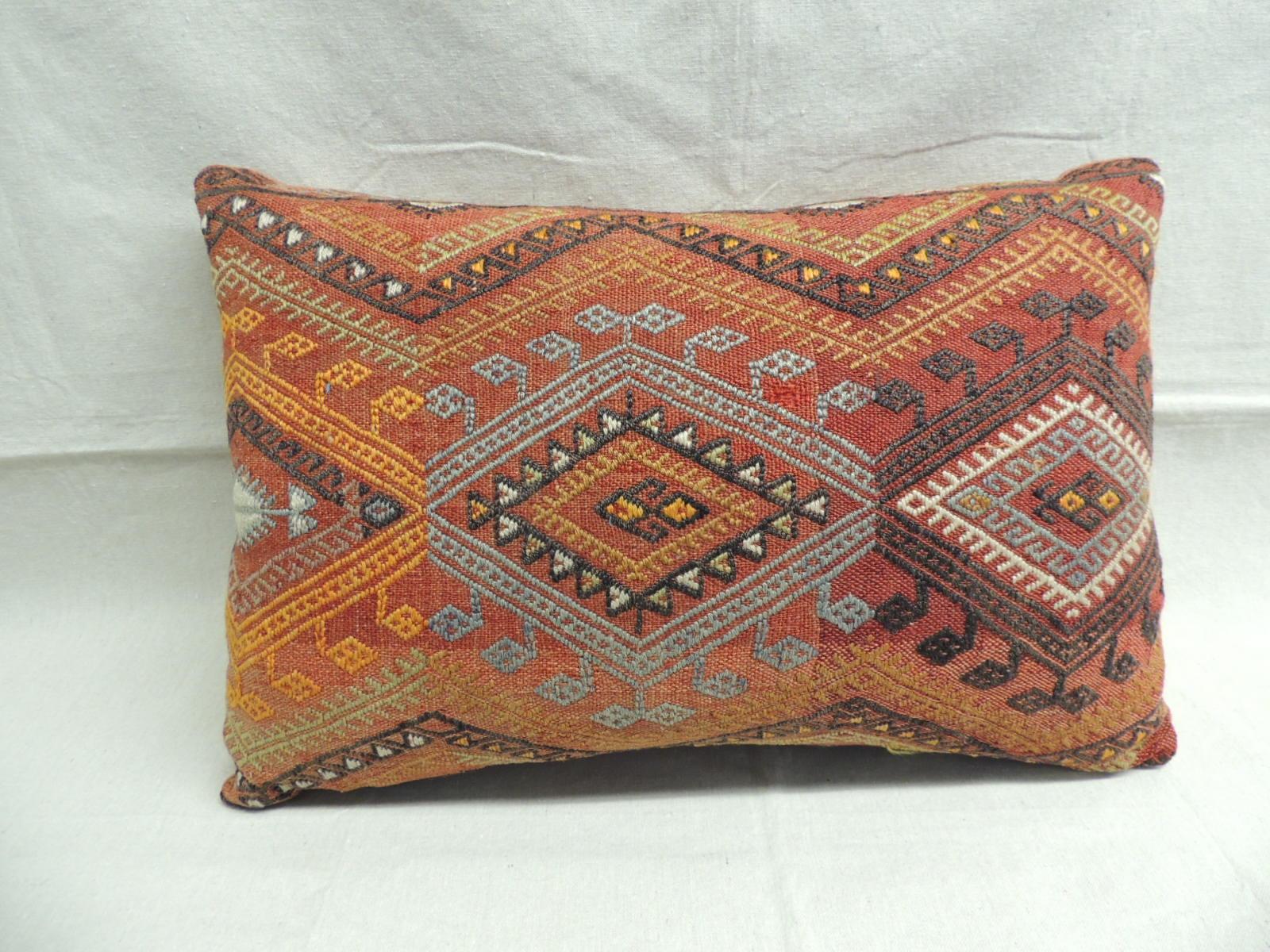 Vintage Moroccan Woven Orange and Red Kilim Decorative Bolster Pillow In Good Condition In Oakland Park, FL