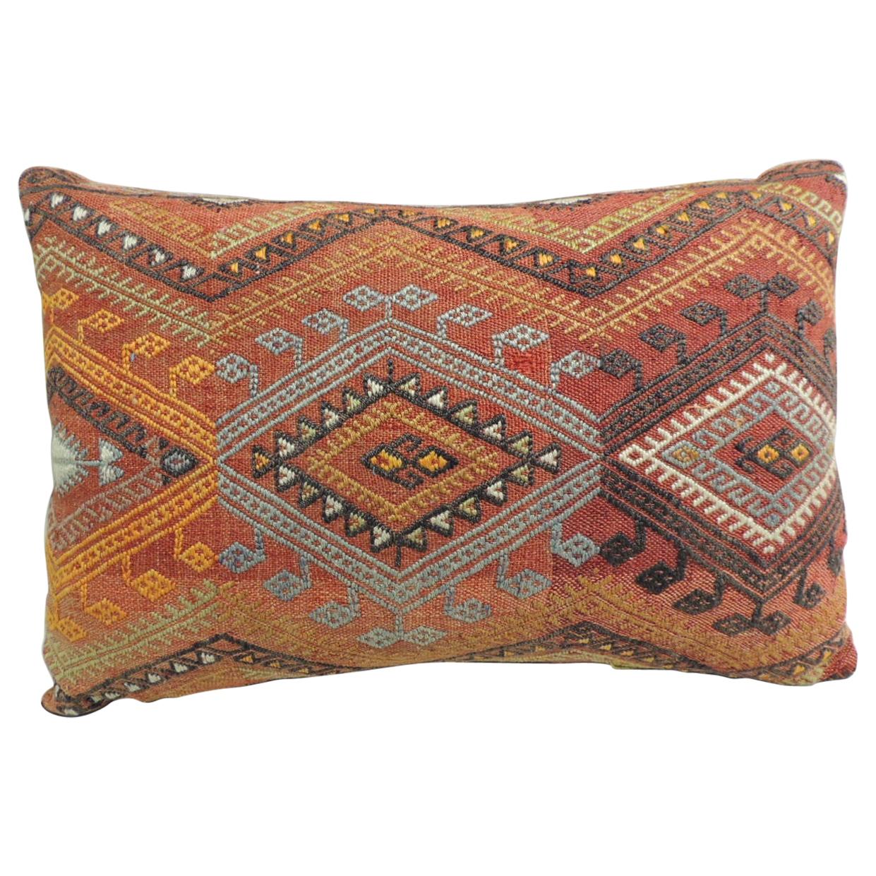 Vintage Moroccan Woven Orange and Red Kilim Decorative Bolster Pillow