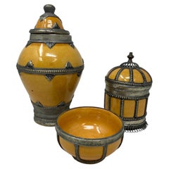Set of 3 Vintage Moroccan Ceramic Jars with Silver Filigree, 1980