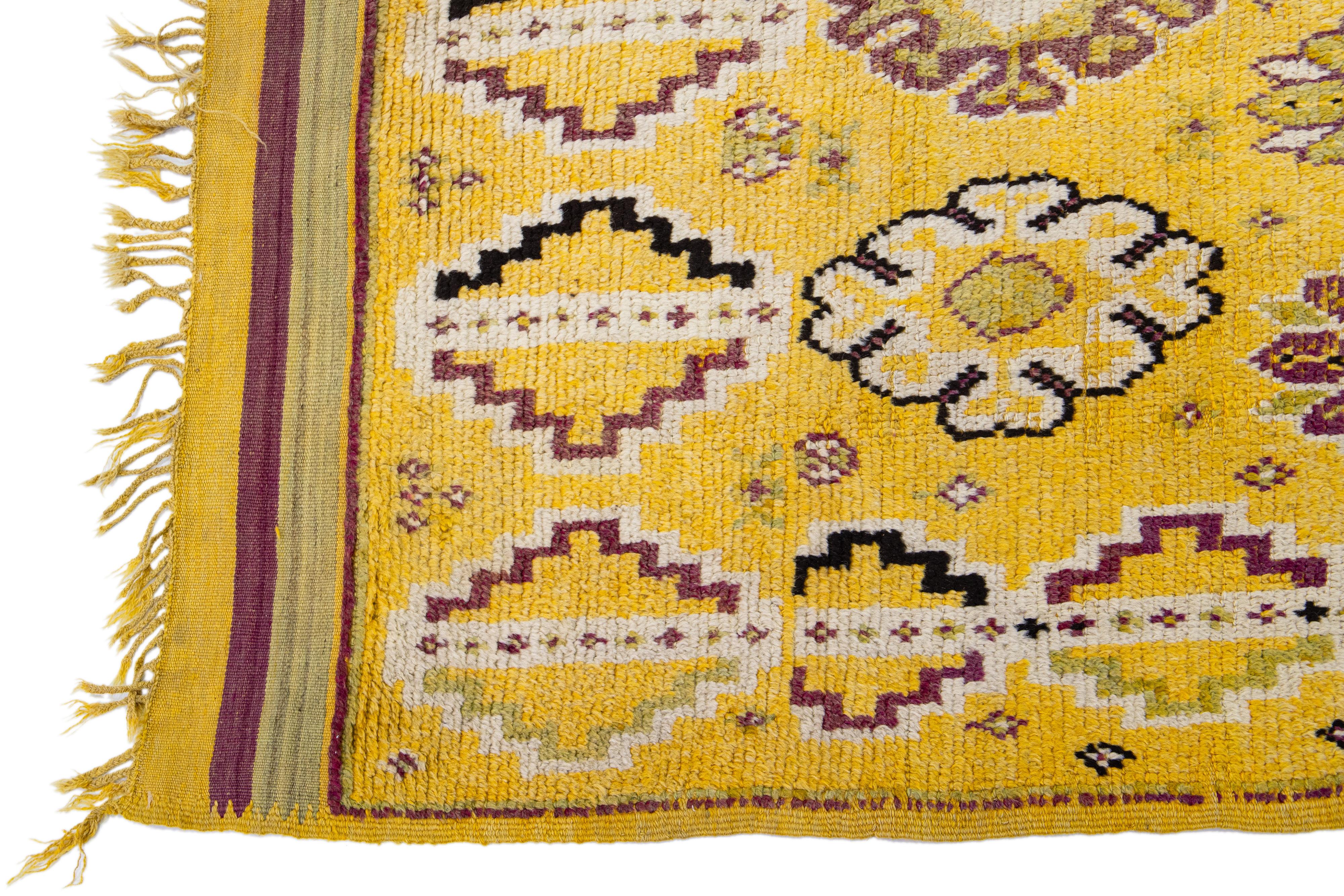 Indian Vintage Moroccan Yellow Handmade Tribal Designed Wool Rug For Sale