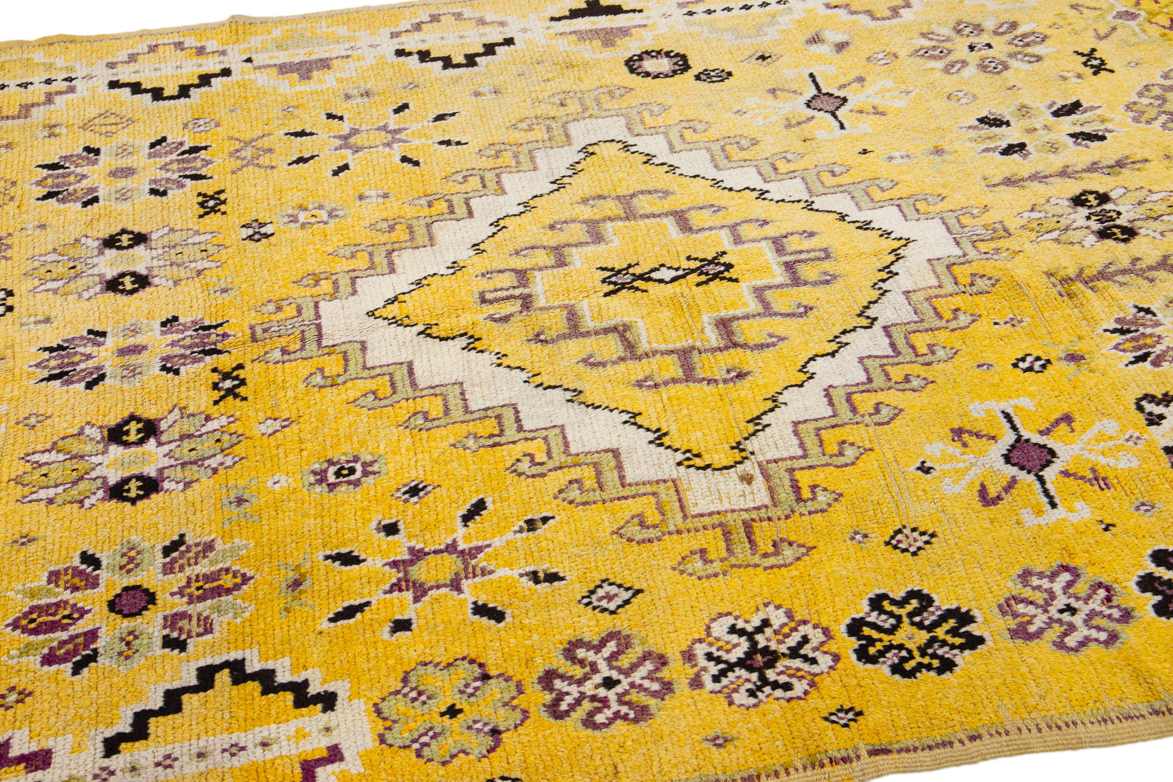Vintage Moroccan Yellow Handmade Tribal Designed Wool Rug For Sale 1