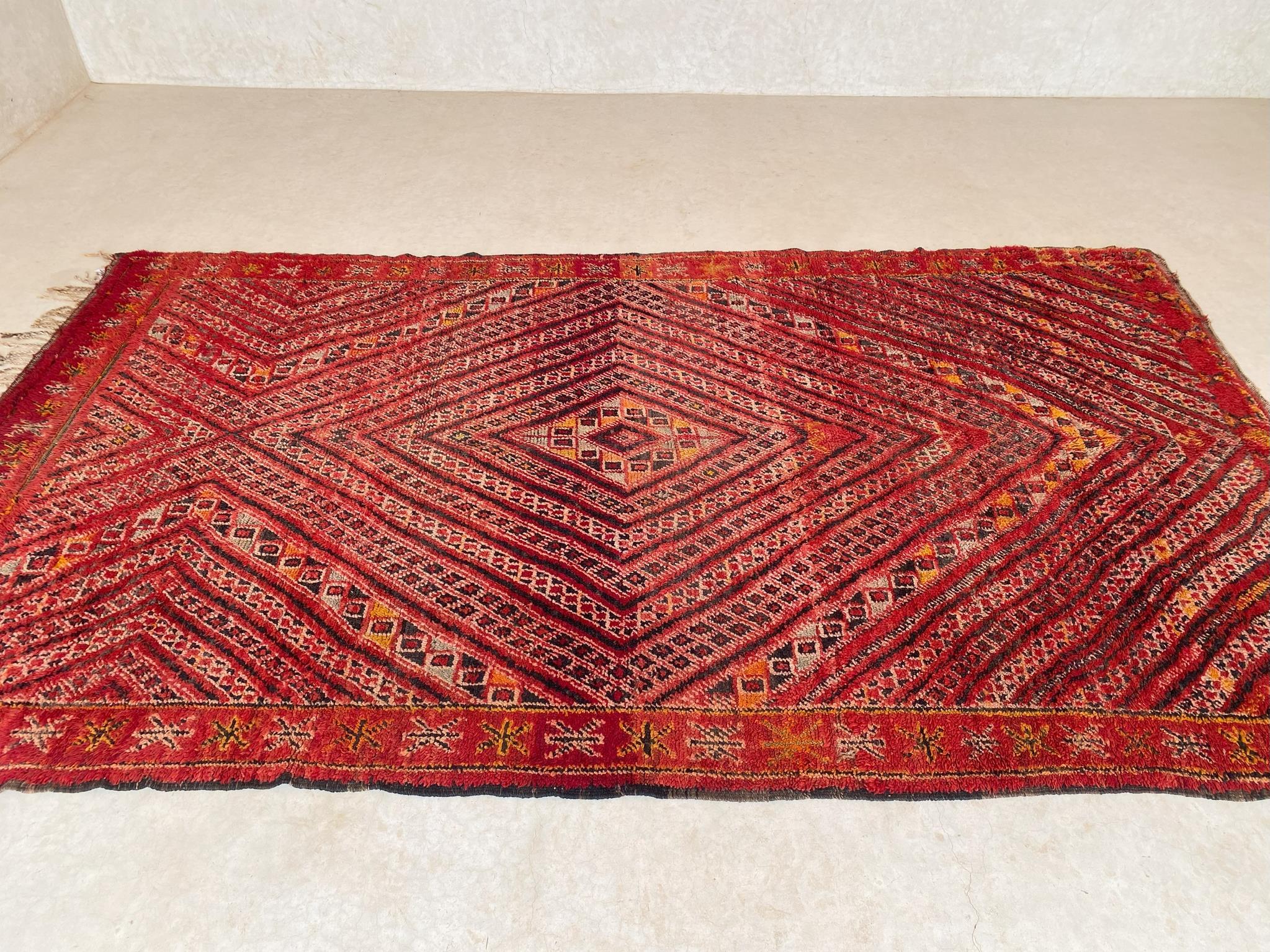 Hand-Woven Vintage Moroccan Zayane rug - Red - 6.7x11.3feet / 205x344cm For Sale
