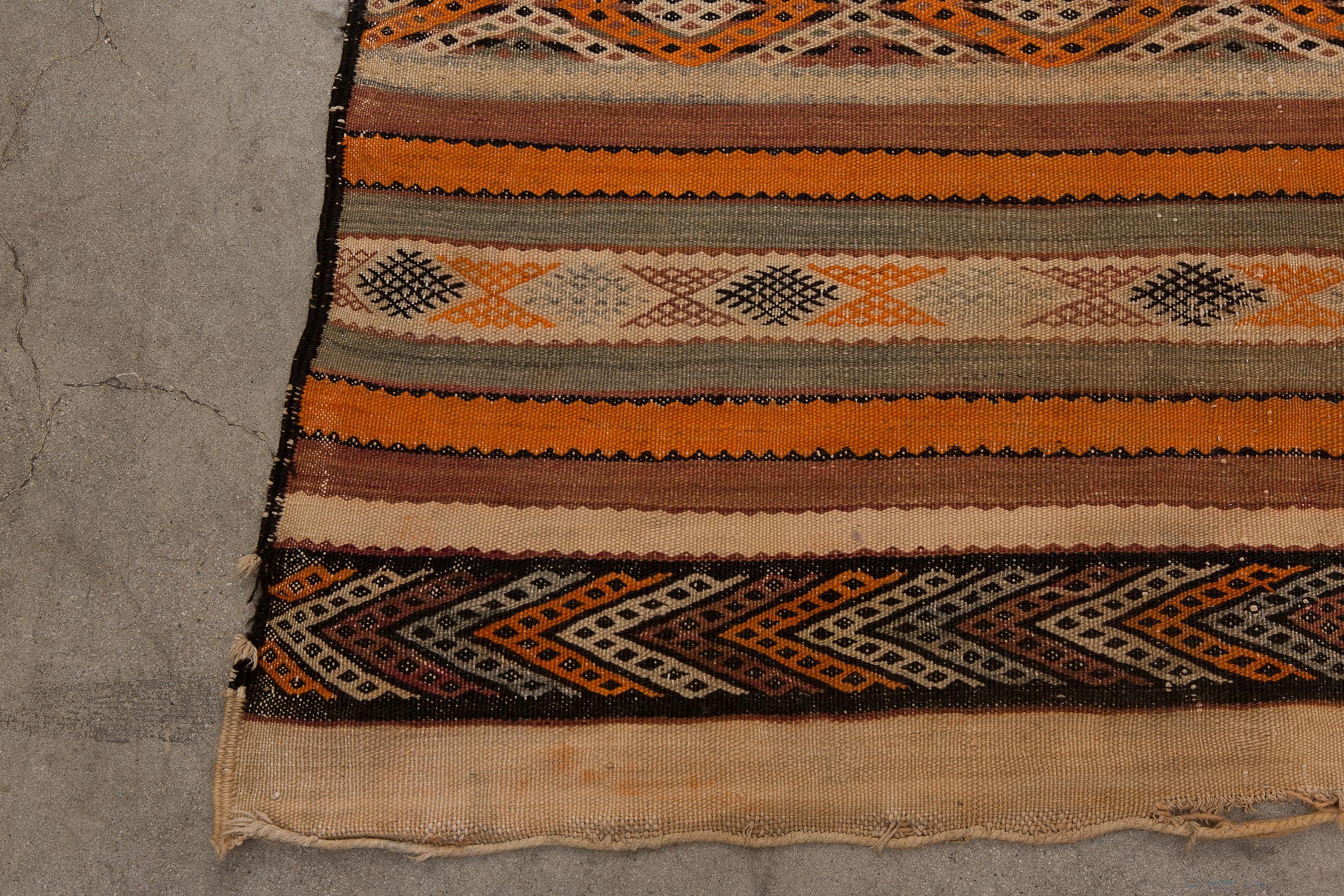 Hand-Knotted Vintage Moroccan Zemour Flatweave Rug - Earth Tones, Brown, Orange For Sale