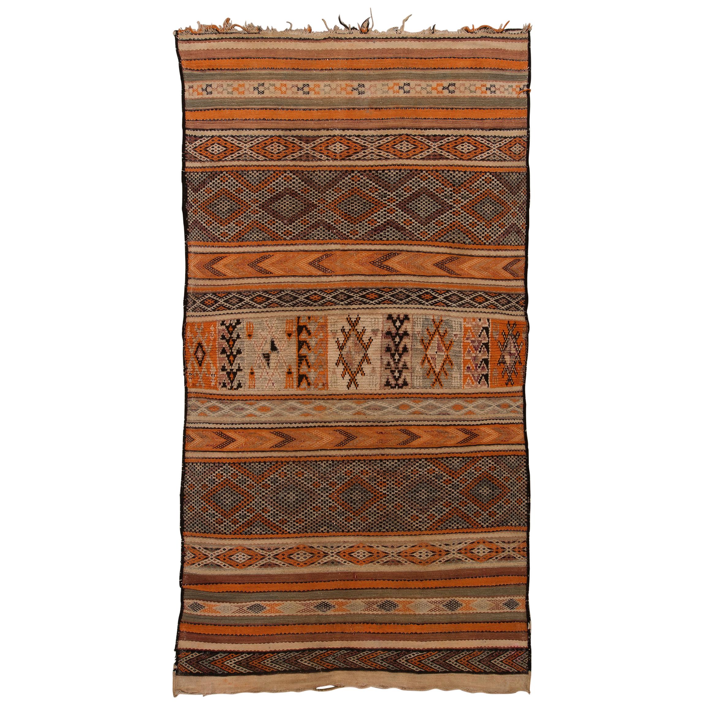 Vintage Moroccan Zemour Flatweave Rug - Earth Tones, Brown, Orange For Sale