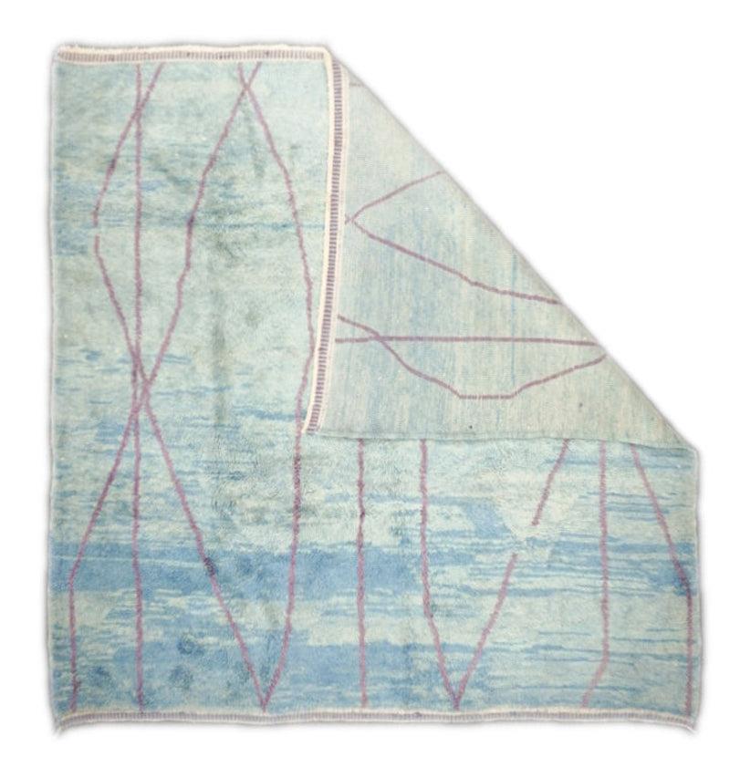 Vintage Morrocan Rug 8'4'' x 8'4''. Comprising both the nomadic Berber rugs of the Atlas Mountains, with very thick piles, coarse knotting and limited palettes, and the more colorful, coarse to moderate rugs woven around Rabat, often with Anatolian
