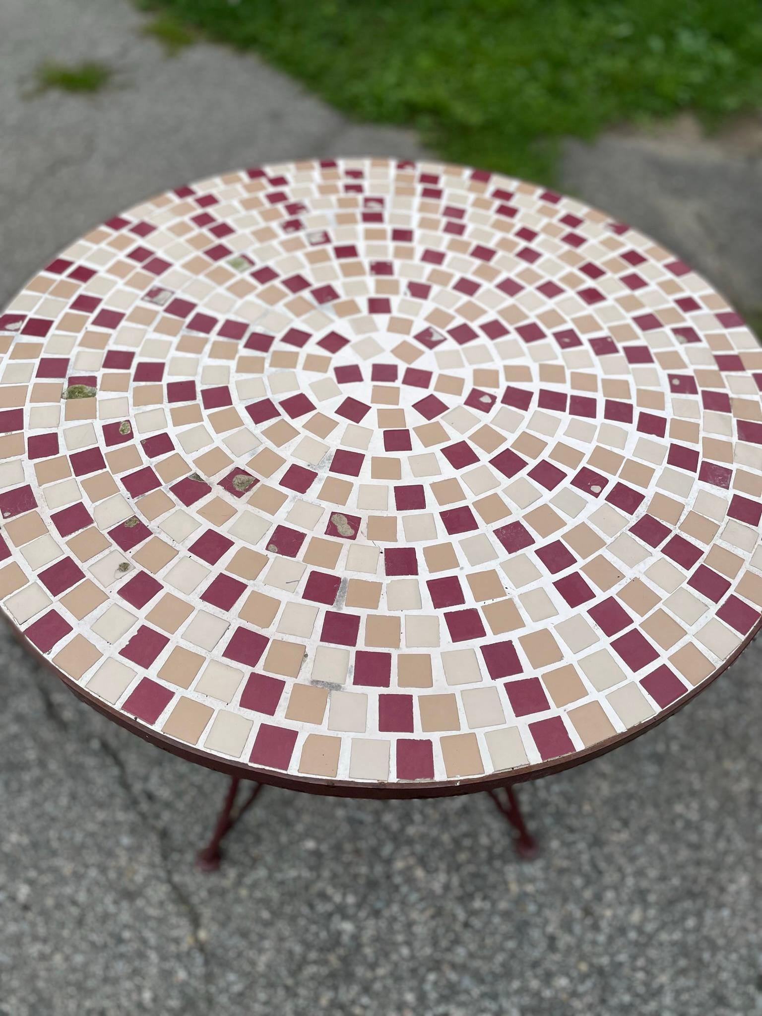 Vintage Mosaic a Tile Top Table

Perfect addition to any deck, garden, terrace, or patio. Suitable seating for 2 people. Wrought iron attached base.

Delivery within 2 weeks for the east coast states with standard flat rate shipping of 329