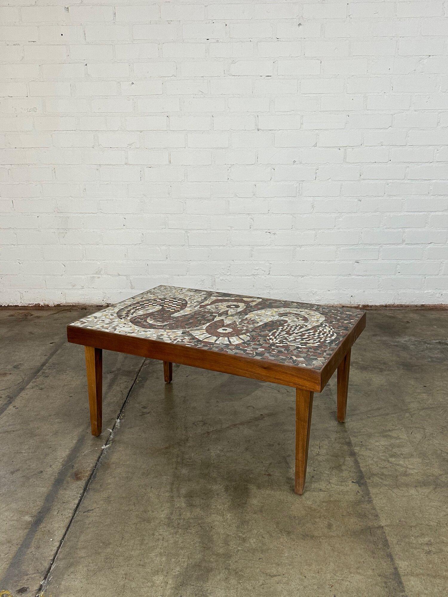 W36.5 D24.5 H17.5

Fully restored mosaic coffee table in structurally sound and sturdy condition. Coffee table shows well and has no major areas of wear. 