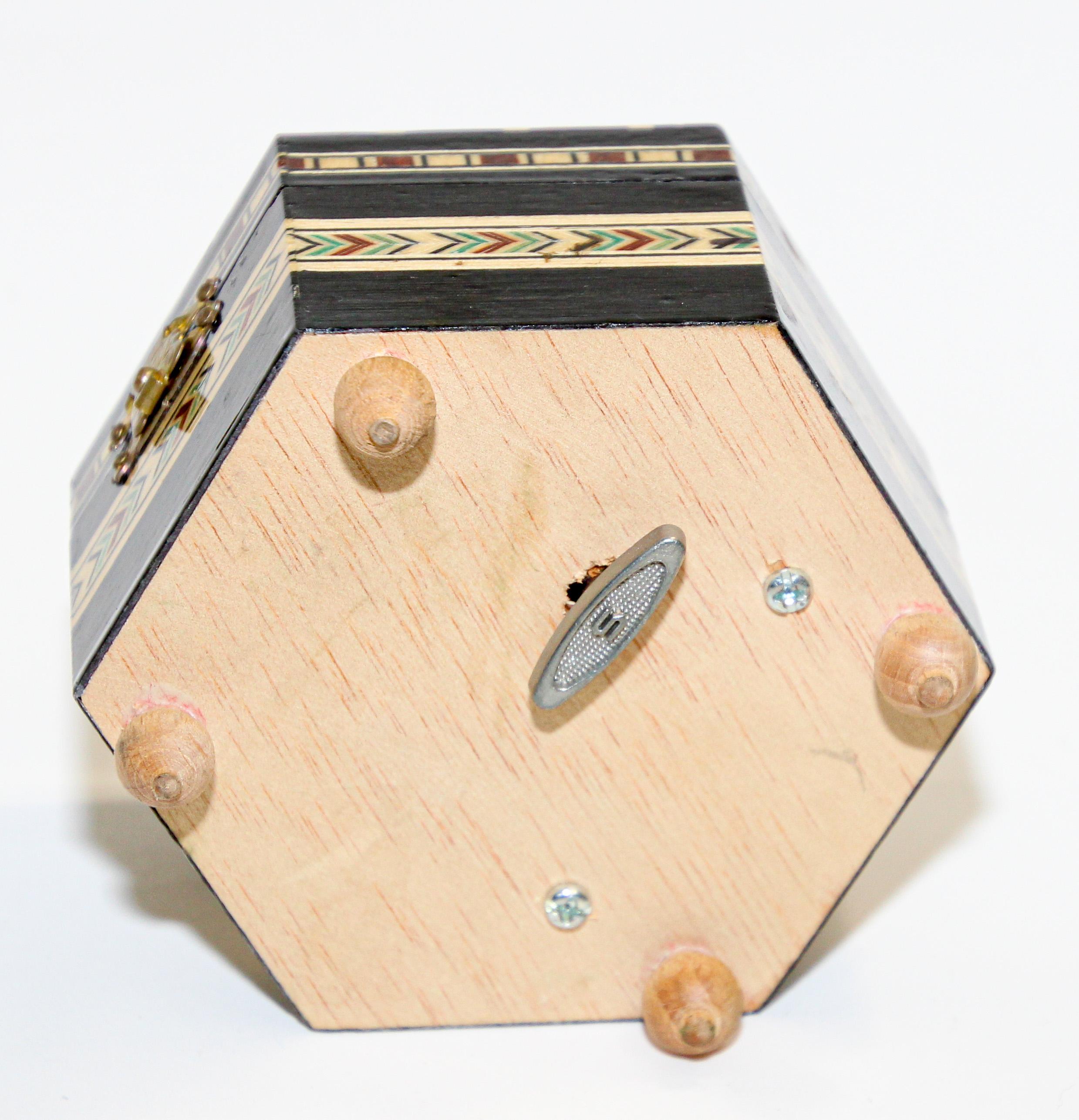 20th Century Vintage Mosaic Marquetry Moorish Octagonal Music Box Granada Spain For Sale