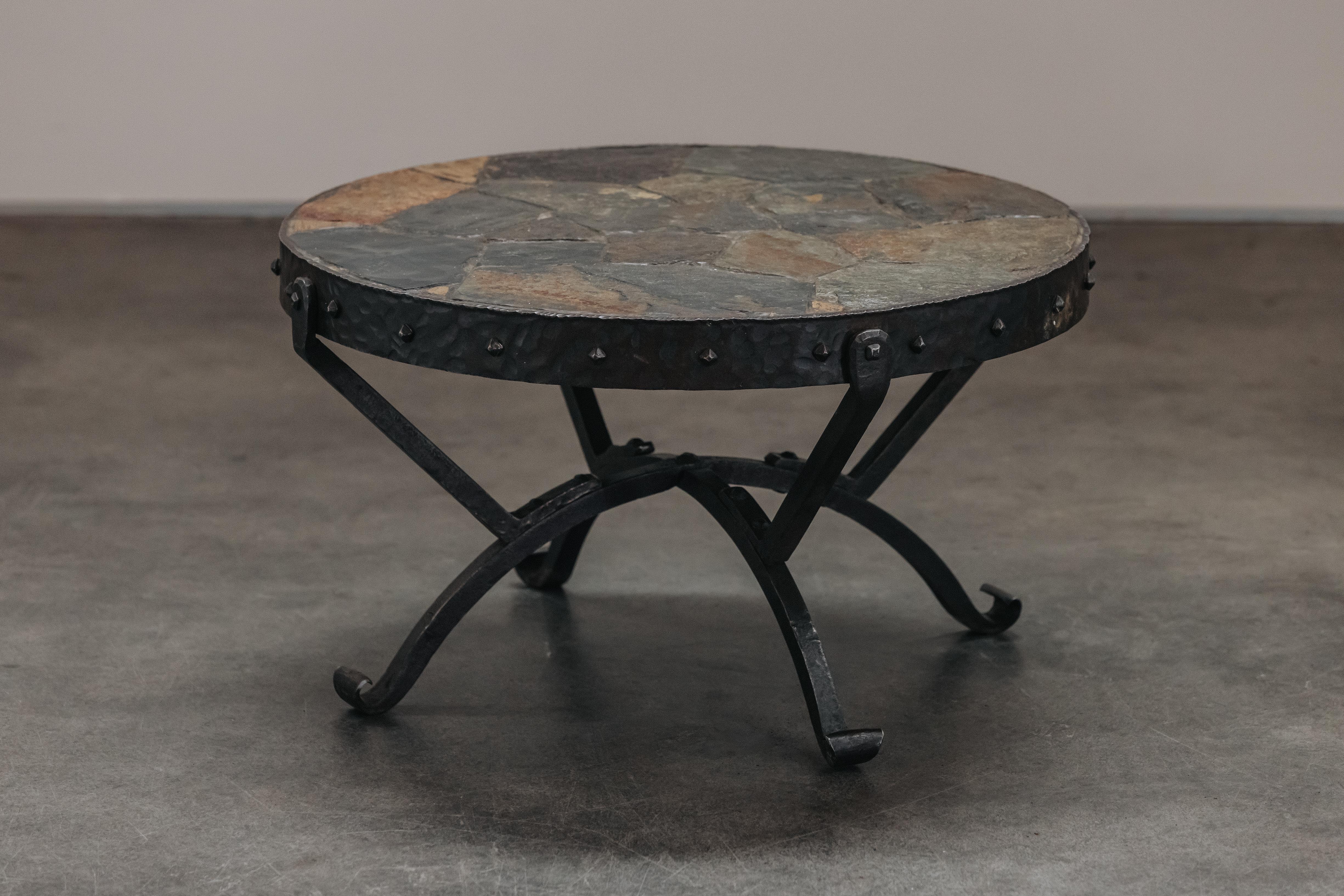 Vintage Mosaic Stone and Cast Iron Coffee Table From France, Circa 1950.  Nice model with light wear and use.