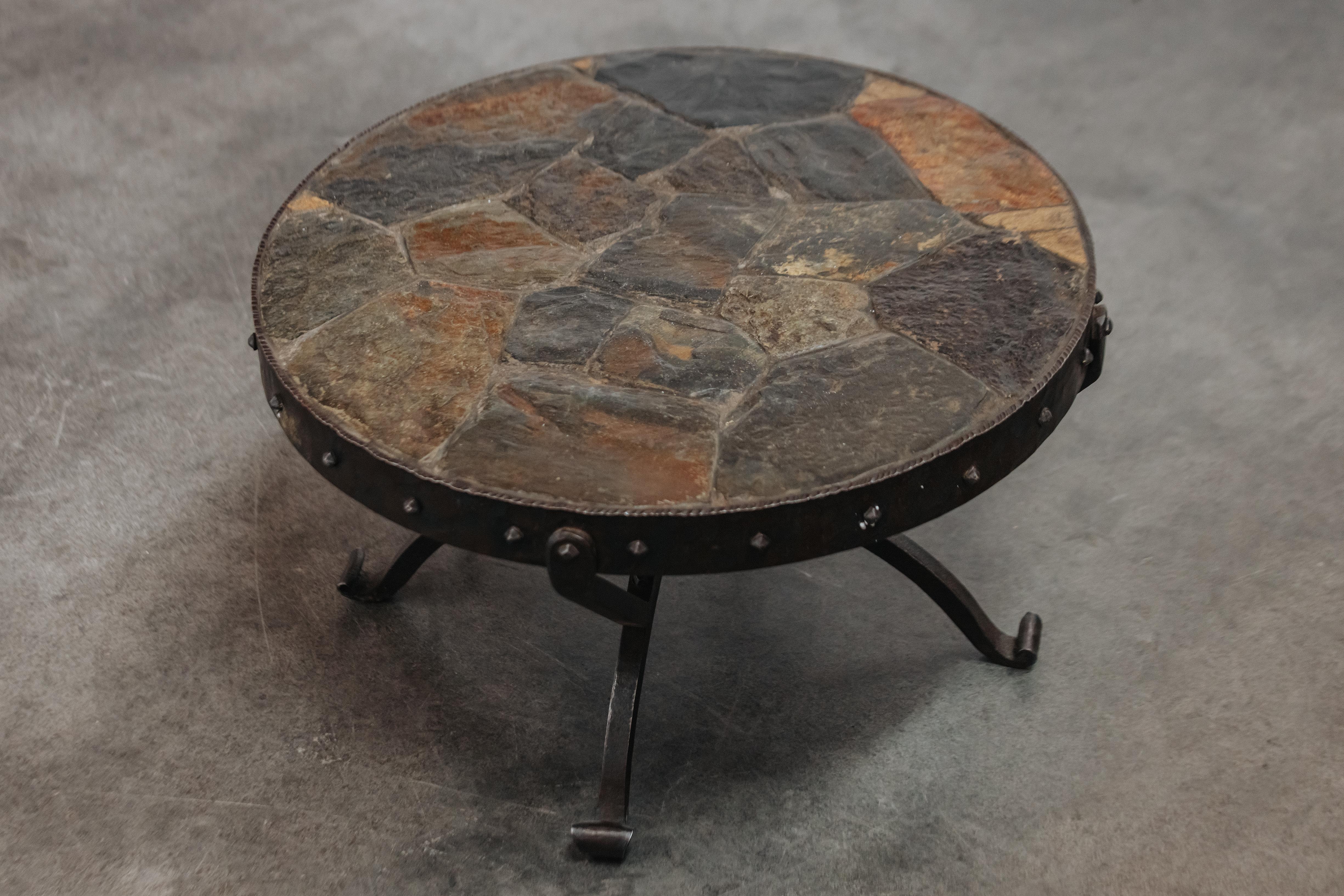 Vintage Mosaic Stone and Cast Iron Coffee Table From France, Circa 1950 In Good Condition In Nashville, TN