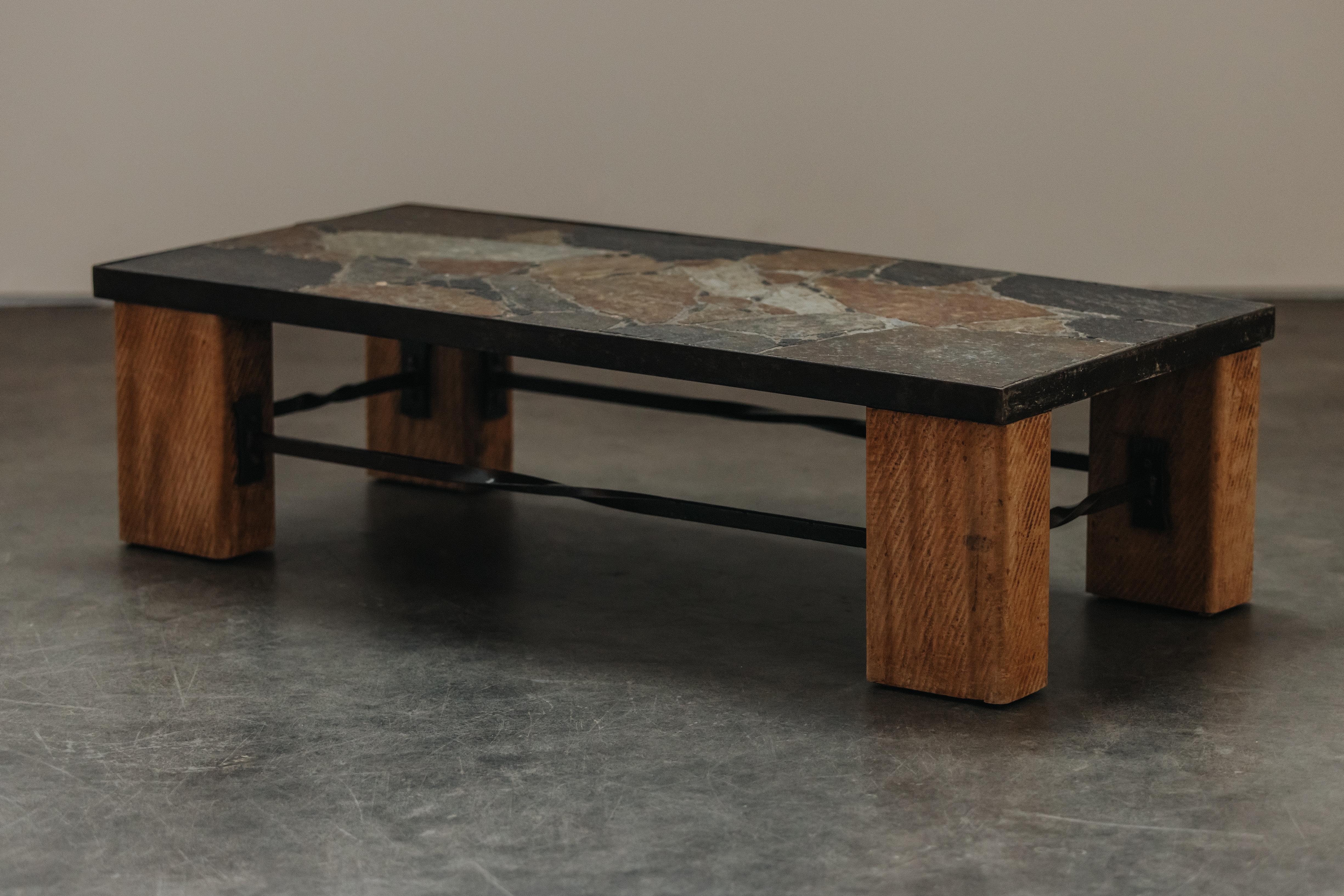 Vintage Mosaic Stone And Pine Coffee Table From France, Circa 1960.  Concrete and stone top resting on a pine and steel base.  Light wear and use.