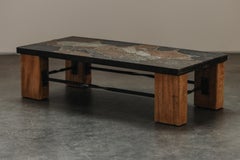 Vintage Mosaic Stone And Pine Coffee Table From France, Circa 1960