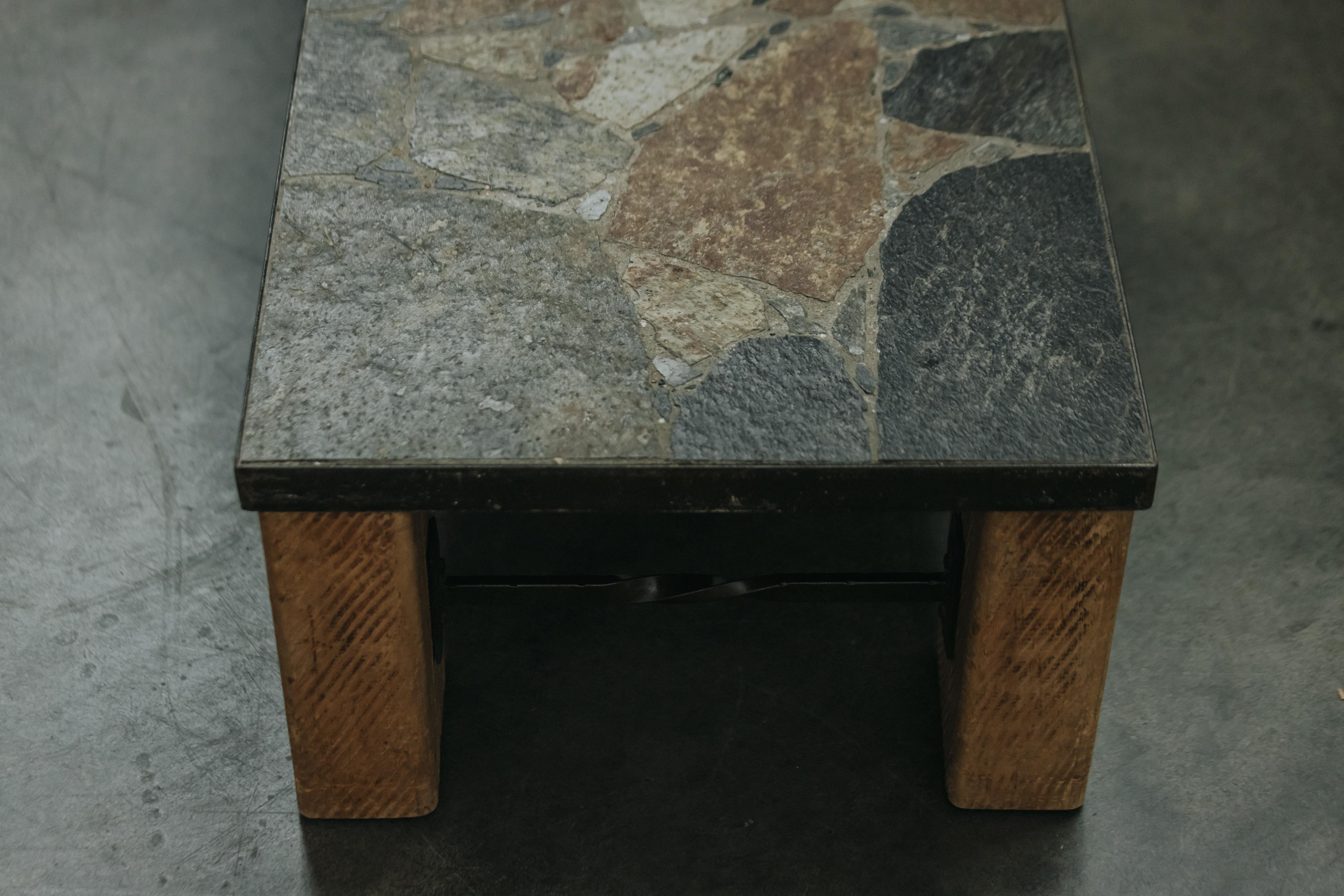 European Vintage Mosaic Stone And Pine Coffee Table From France, Circa 1960