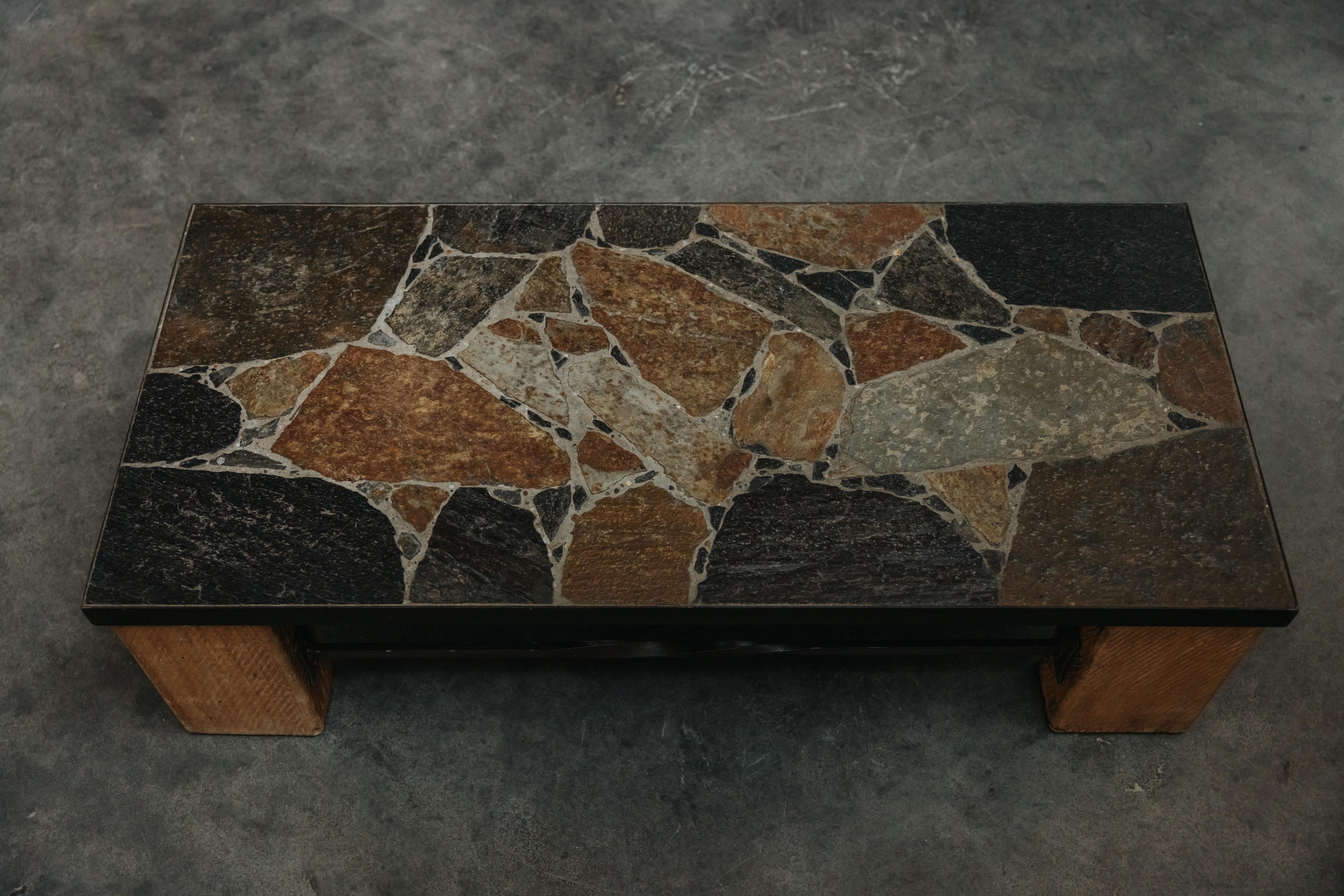 Vintage Mosaic Stone And Pine Coffee Table From France, Circa 1960 In Good Condition In Nashville, TN