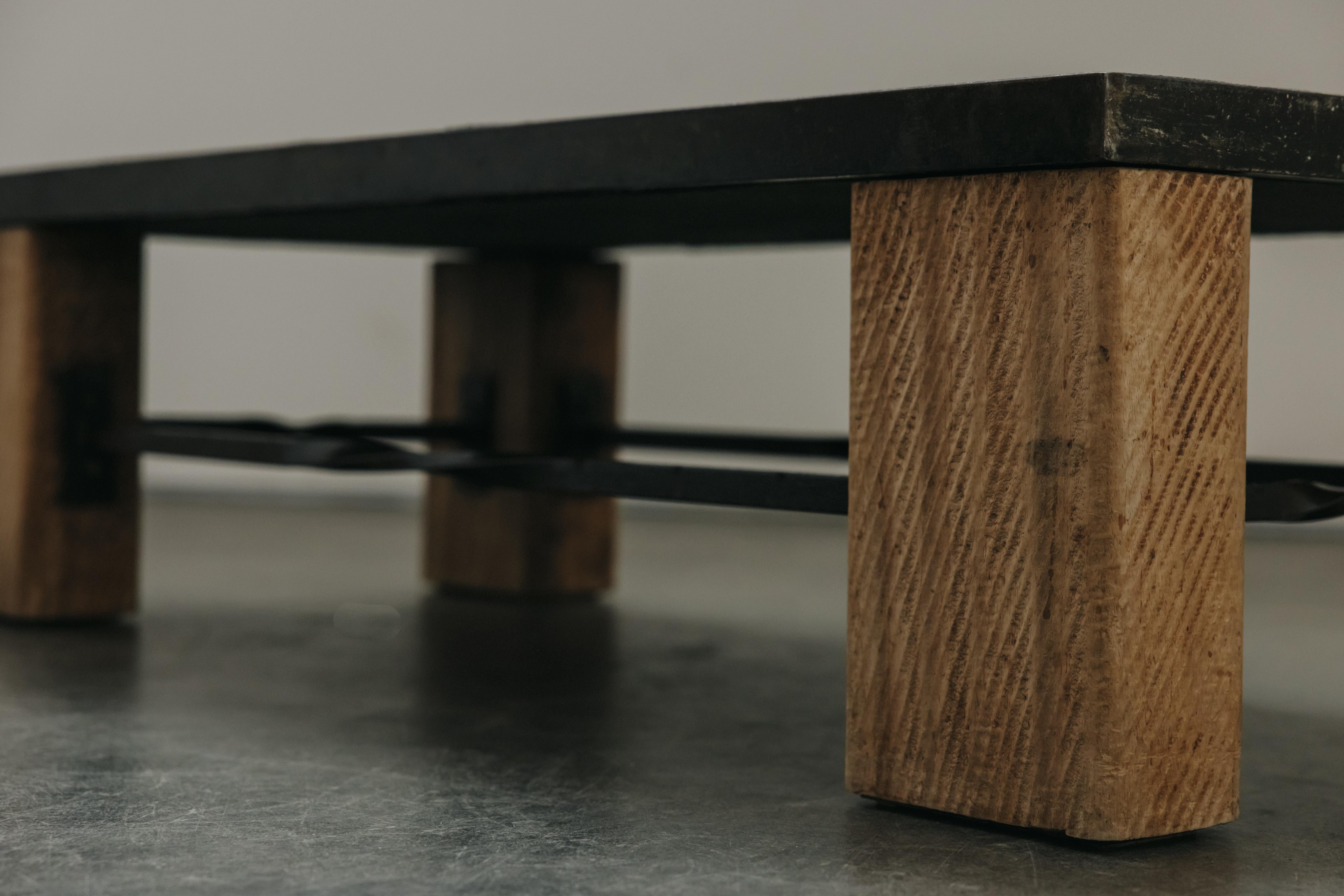 Mid-20th Century Vintage Mosaic Stone And Pine Coffee Table From France, Circa 1960