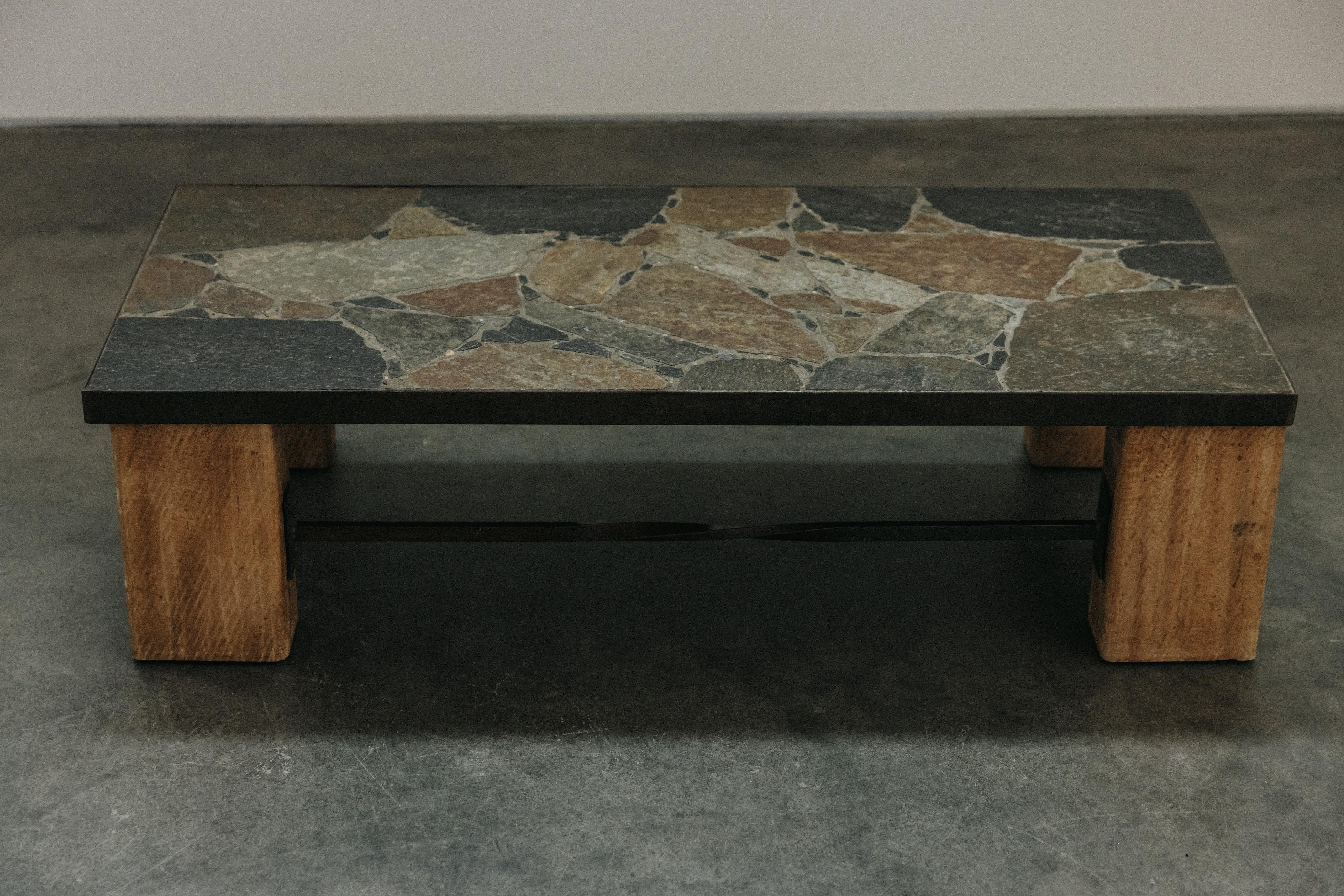 Vintage Mosaic Stone And Pine Coffee Table From France, Circa 1960 1