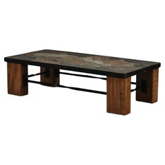 Vintage Mosaic Stone And Pine Coffee Table From France, Circa 1960