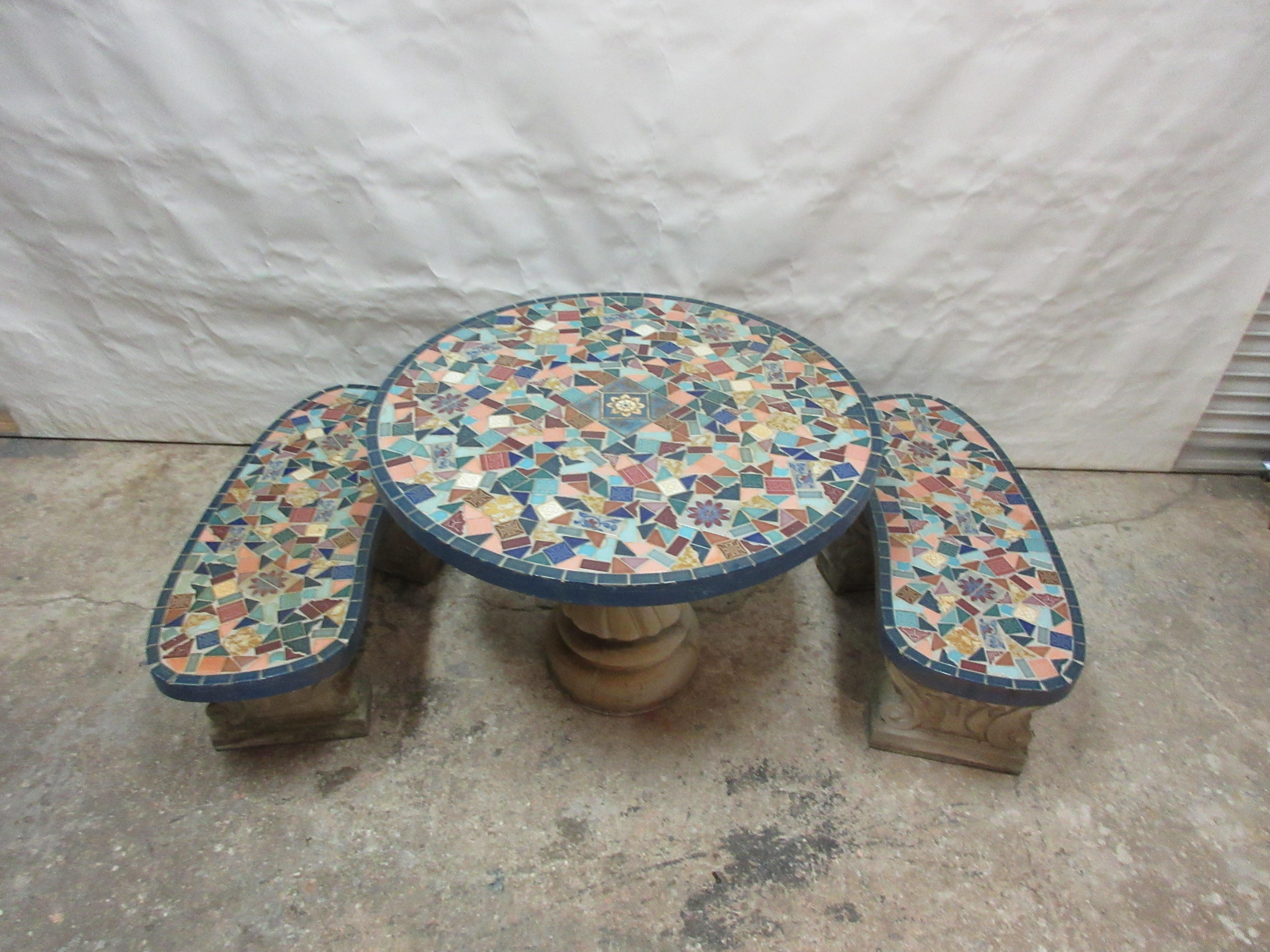 This is a 3 piece set of Vintage Garden Mosaic Tile Table and Benches
Benches measure 16 h x 15 d x 39 L
