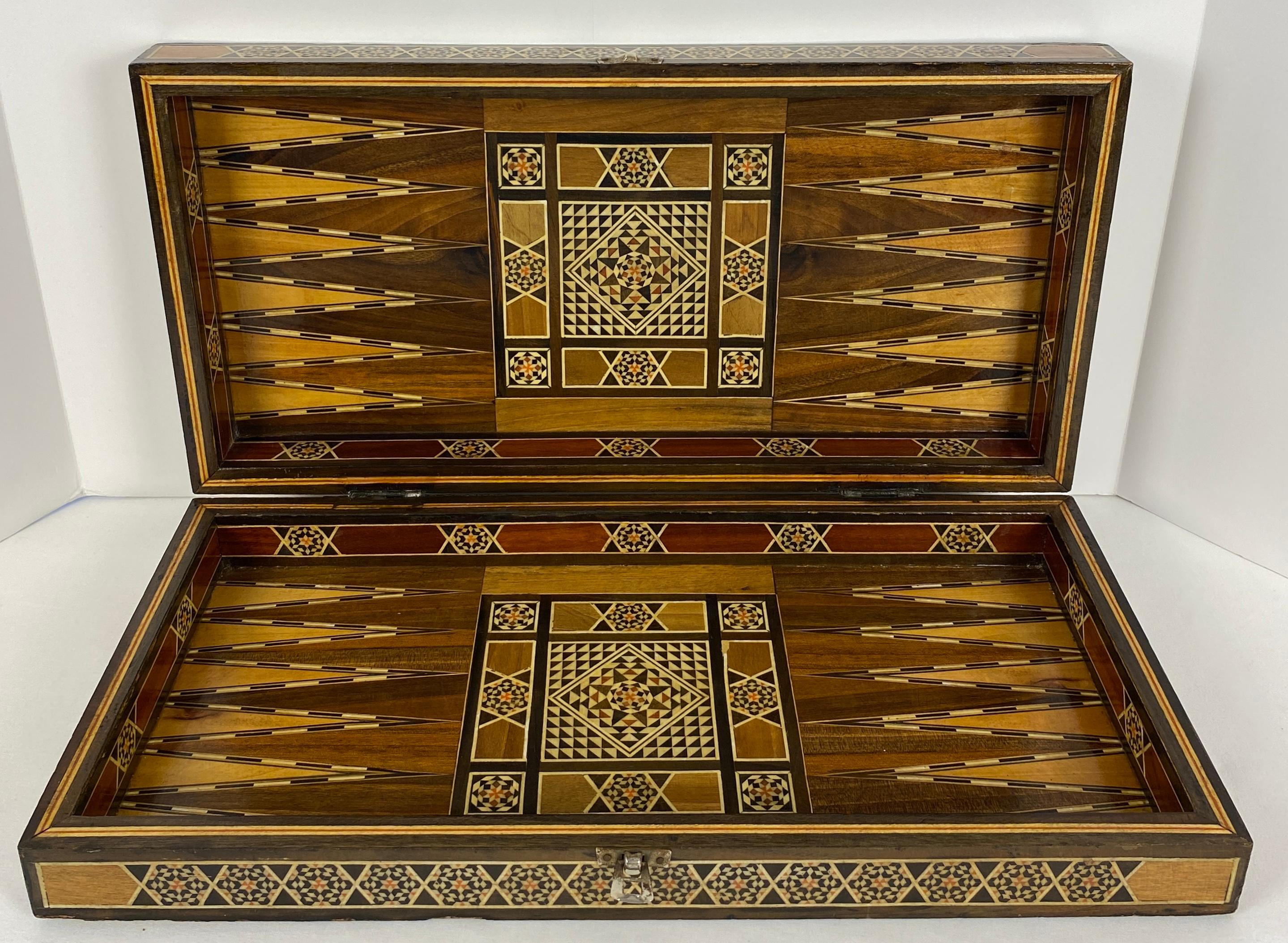 Mid-Century Modern Vintage Mosaic Wood Inlaid Marquetry Backgammon Set