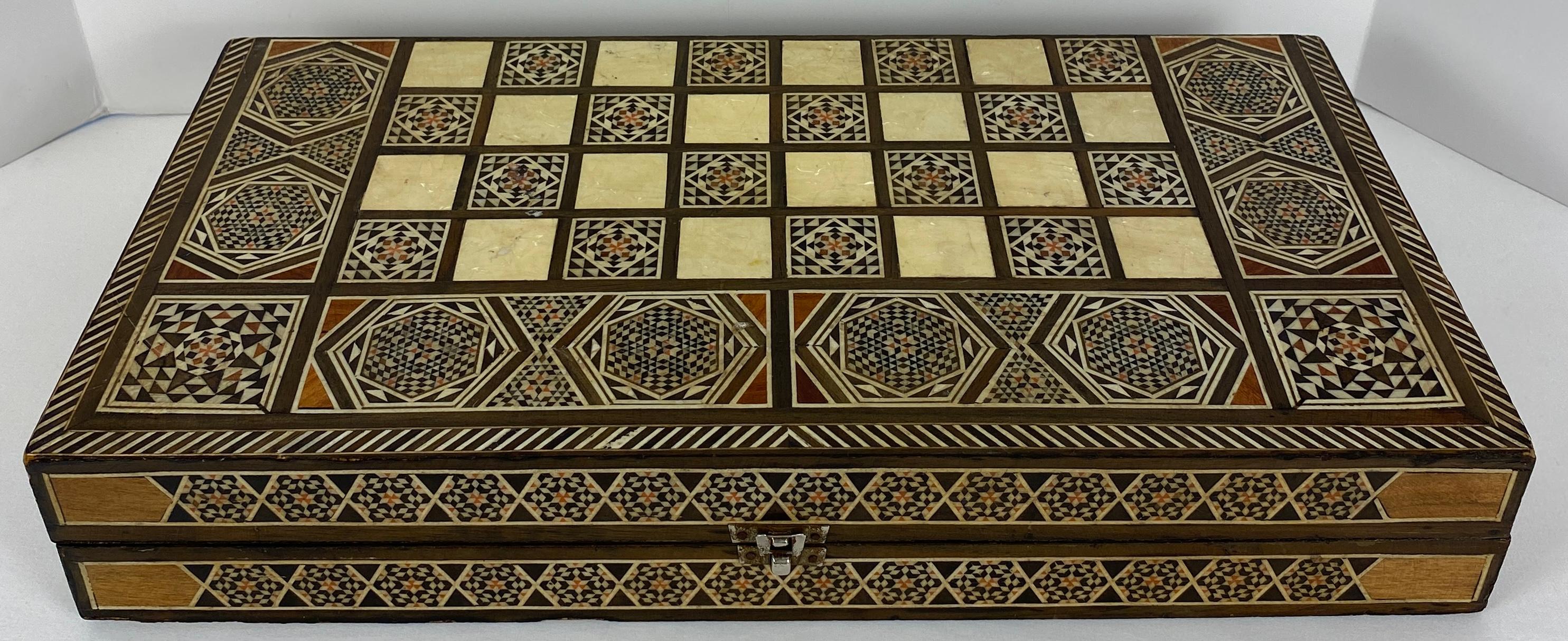 Moroccan Vintage Mosaic Wood Inlaid Marquetry Backgammon Set