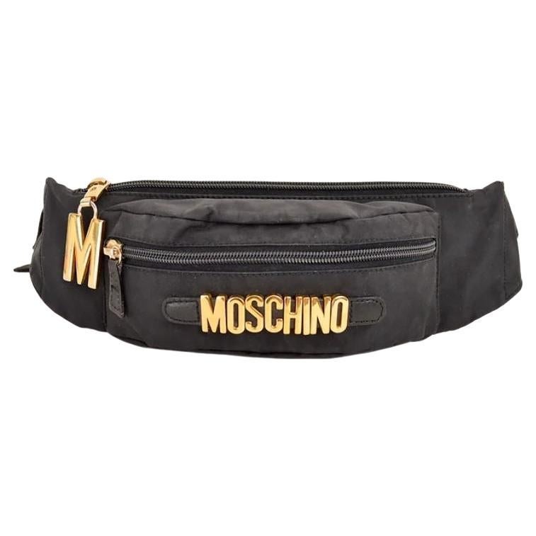 Vintage Moschino 1990's Black Nylon Gold letter Bum bag - Waist Belt Pouch en vente