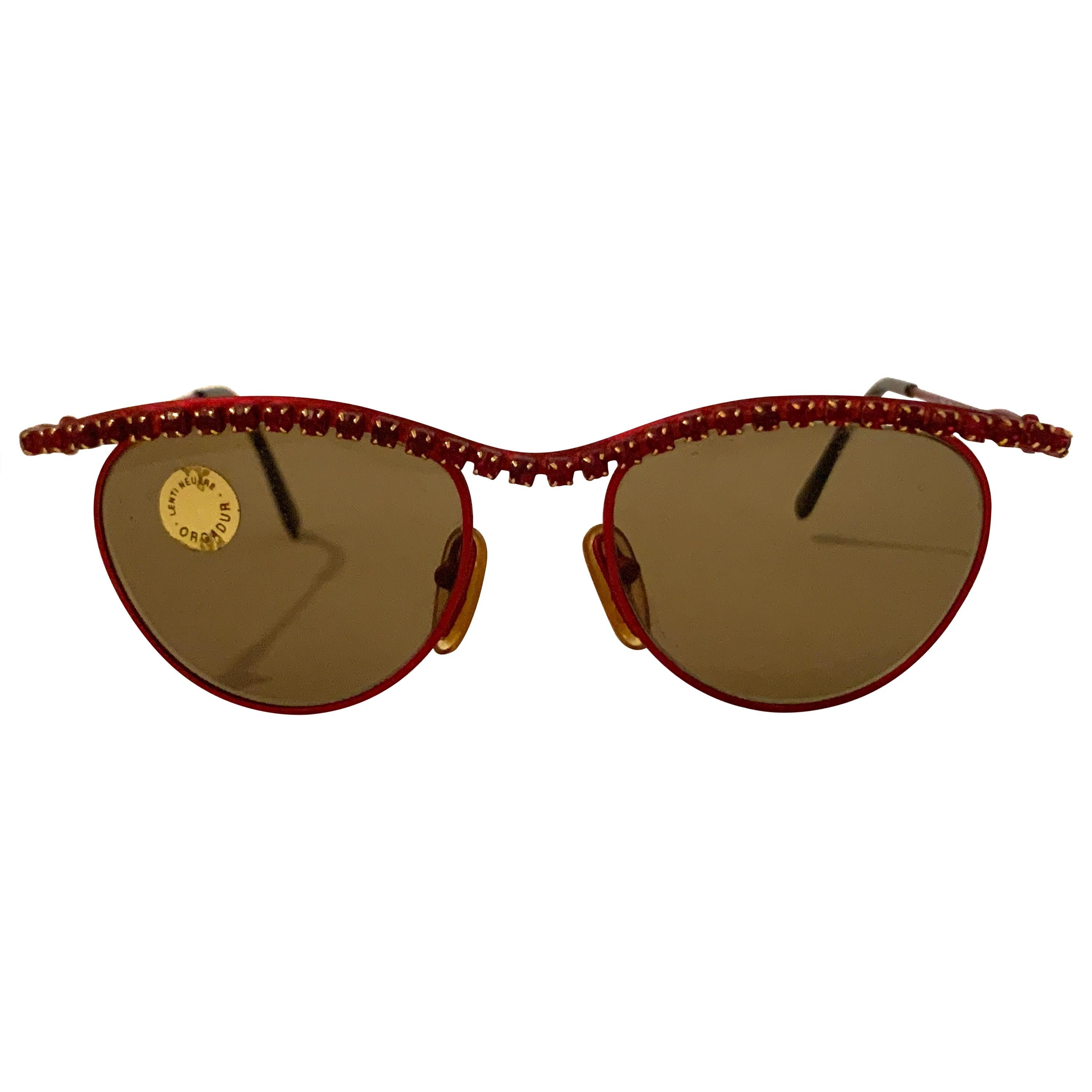 Vintage Moschino 1990s Red Metal and Rhinestone Sunglasses by Persol