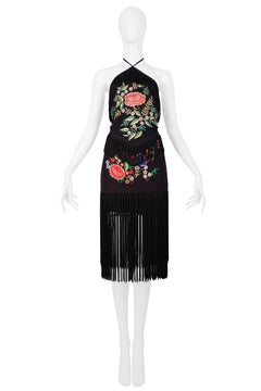 Vintage Moschino Black Embroidered Floral Halter Top & Skirt Ensemble