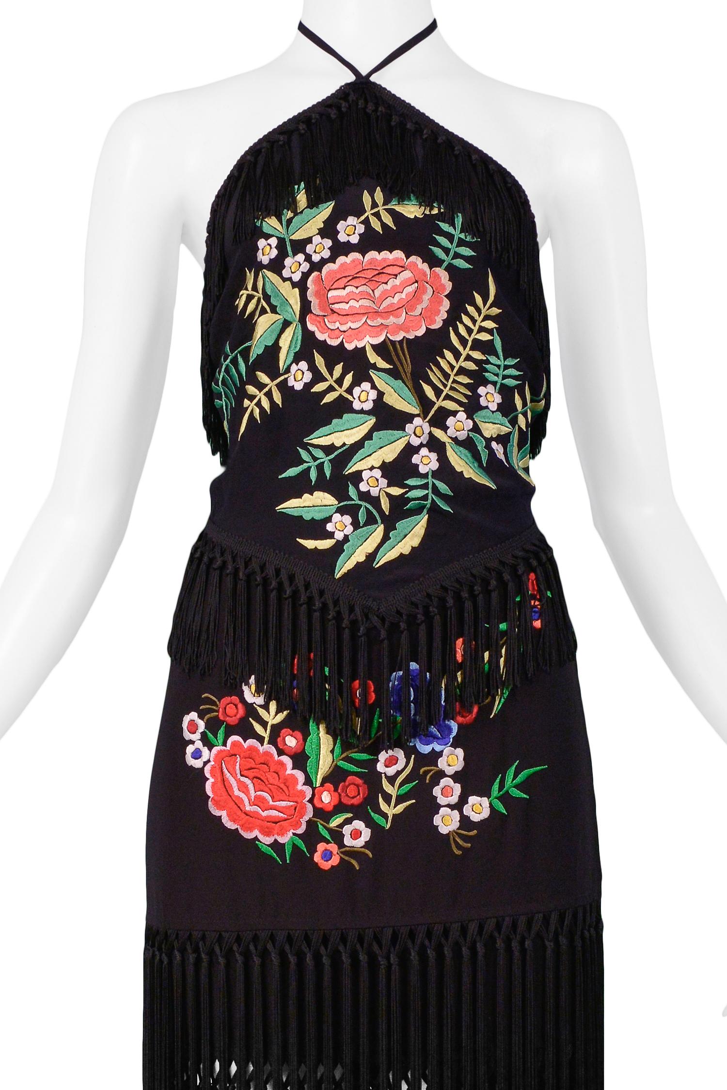 Vintage Moschino Black Embroidered Floral Halter Top & Skirt Ensemble In Excellent Condition In Los Angeles, CA