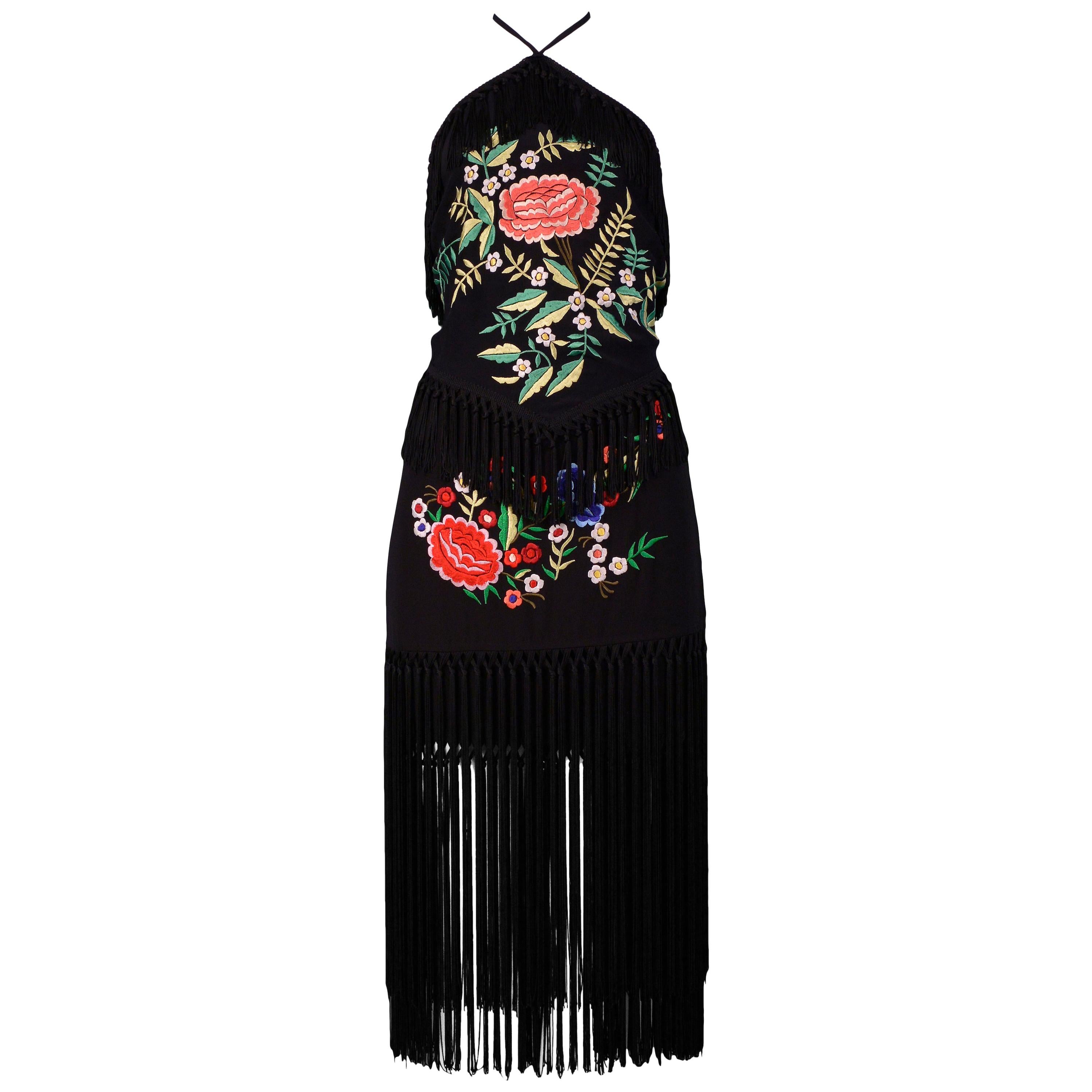Vintage Moschino Black Embroidered Floral Halter Top & Skirt Ensemble