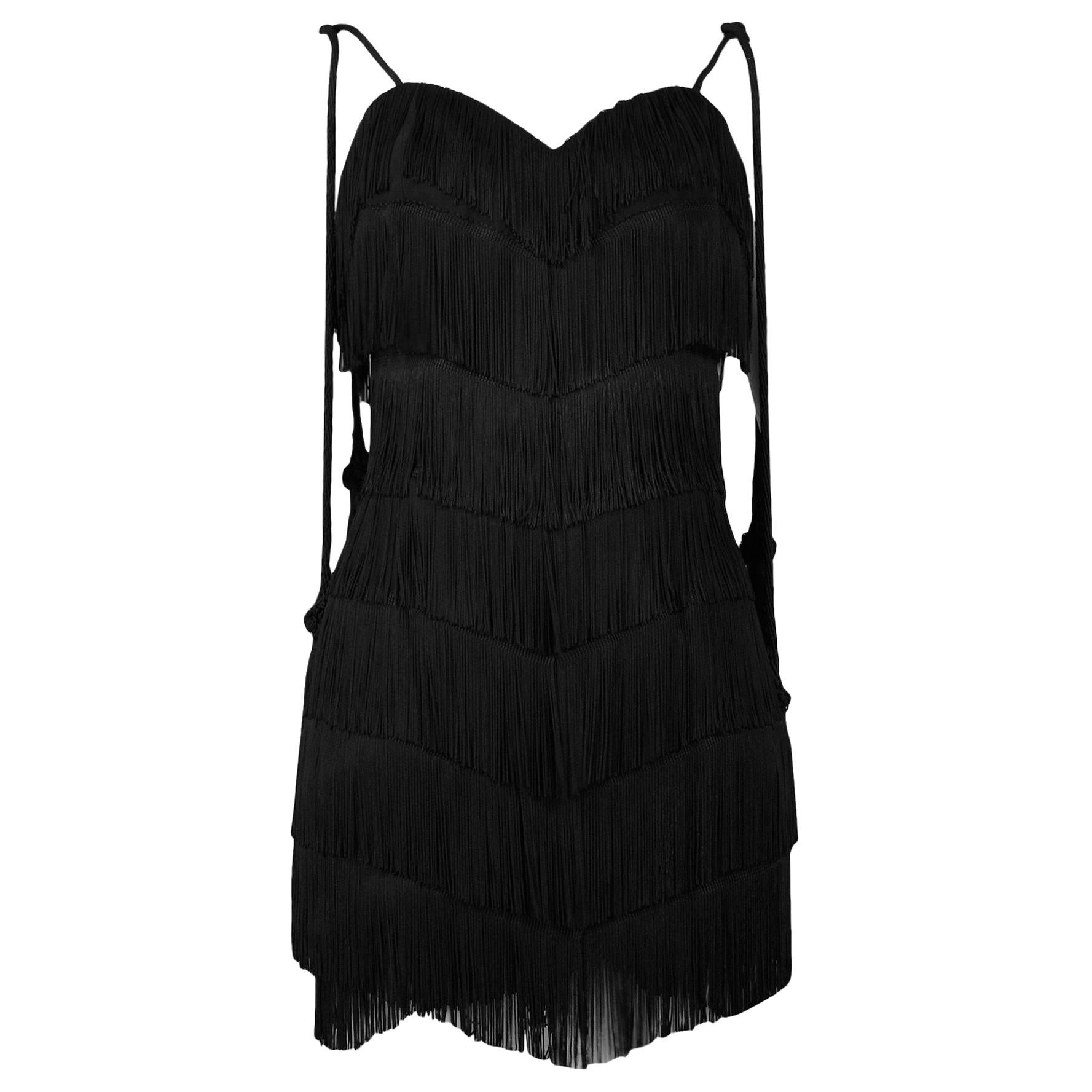 Vintage Moschino Black Fringed Flapper Dress with Tassels 1990