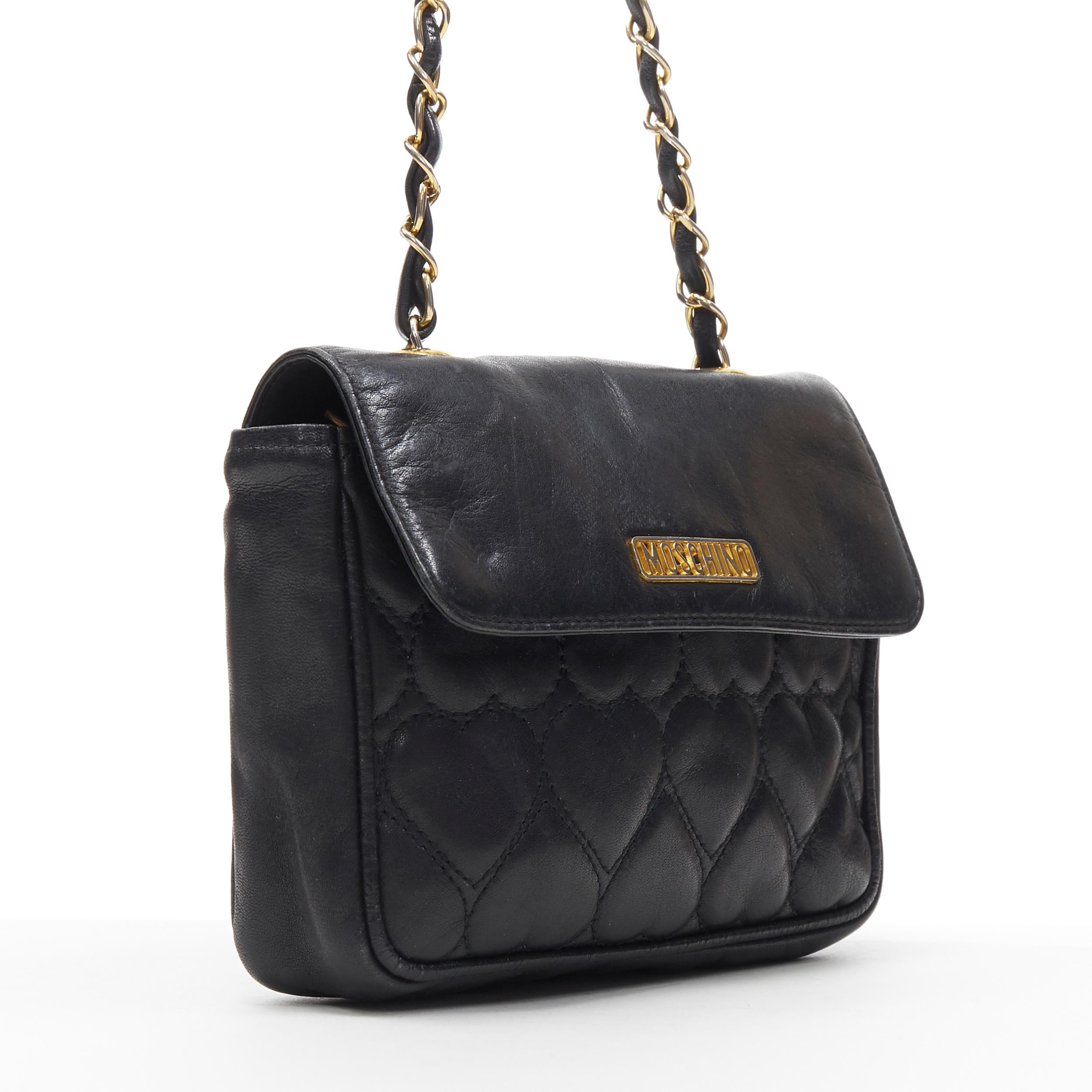 vintage MOSCHINO schwarz Herz gesteppt Leder oben Klappe 2,55 Kette Umhängetasche (Schwarz)