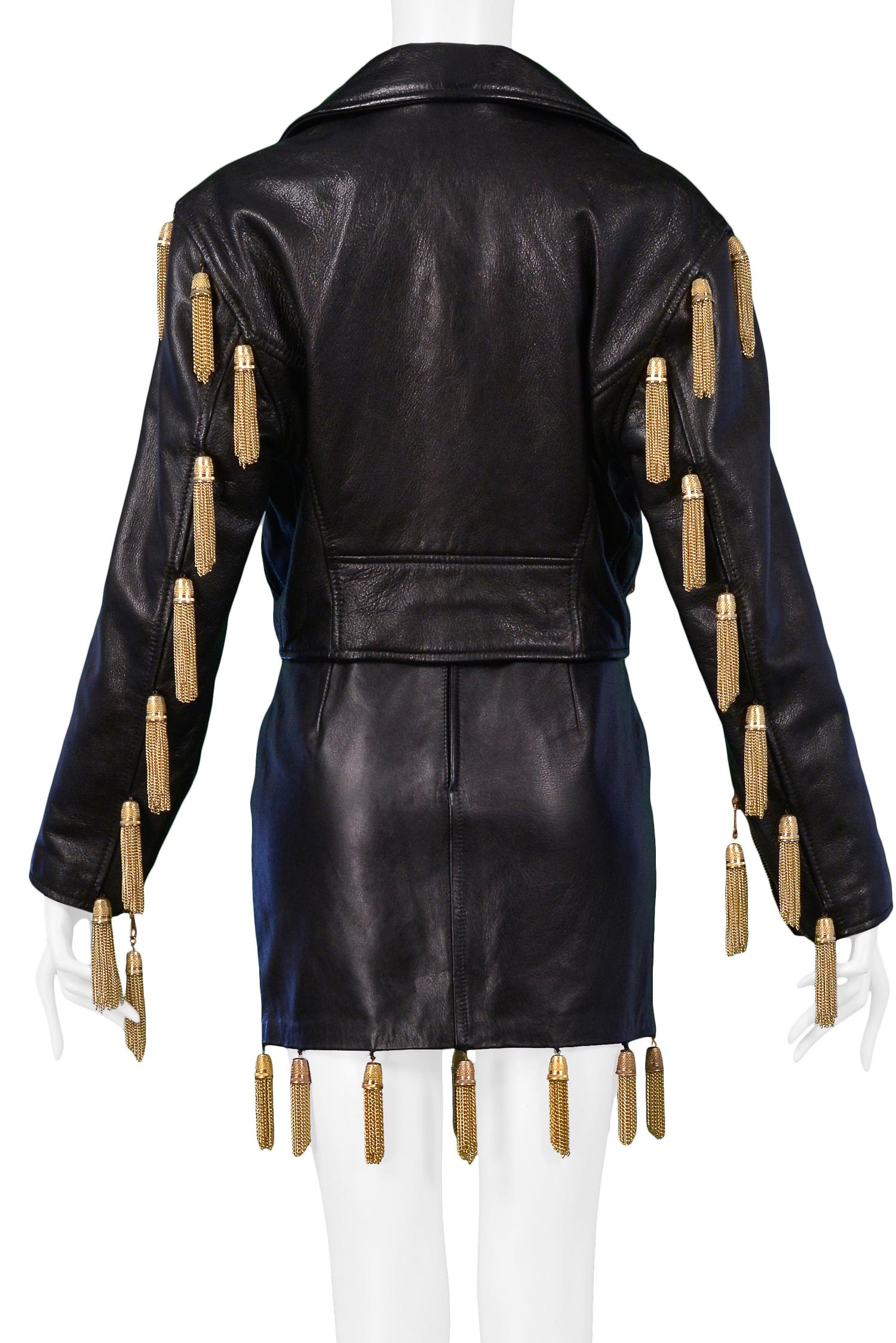 Vintage Moschino Black Leather Skirt Suit with Gold Chain Tassels 1989 In Good Condition For Sale In Los Angeles, CA