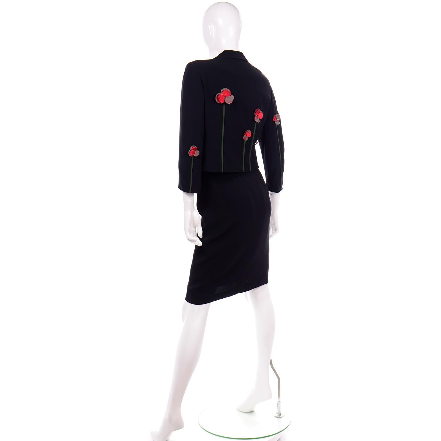 Vintage Moschino Black Skirt & Jacket Suit With Red & Green Flower Applique In Excellent Condition In Portland, OR