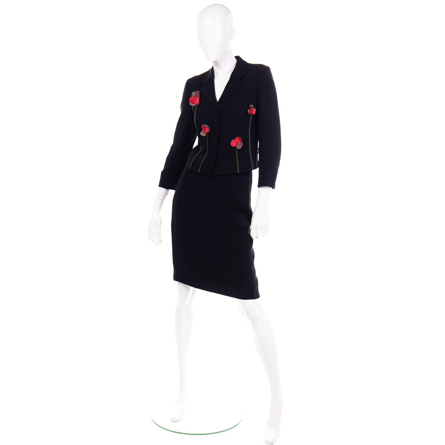 Women's Vintage Moschino Black Skirt & Jacket Suit With Red & Green Flower Applique