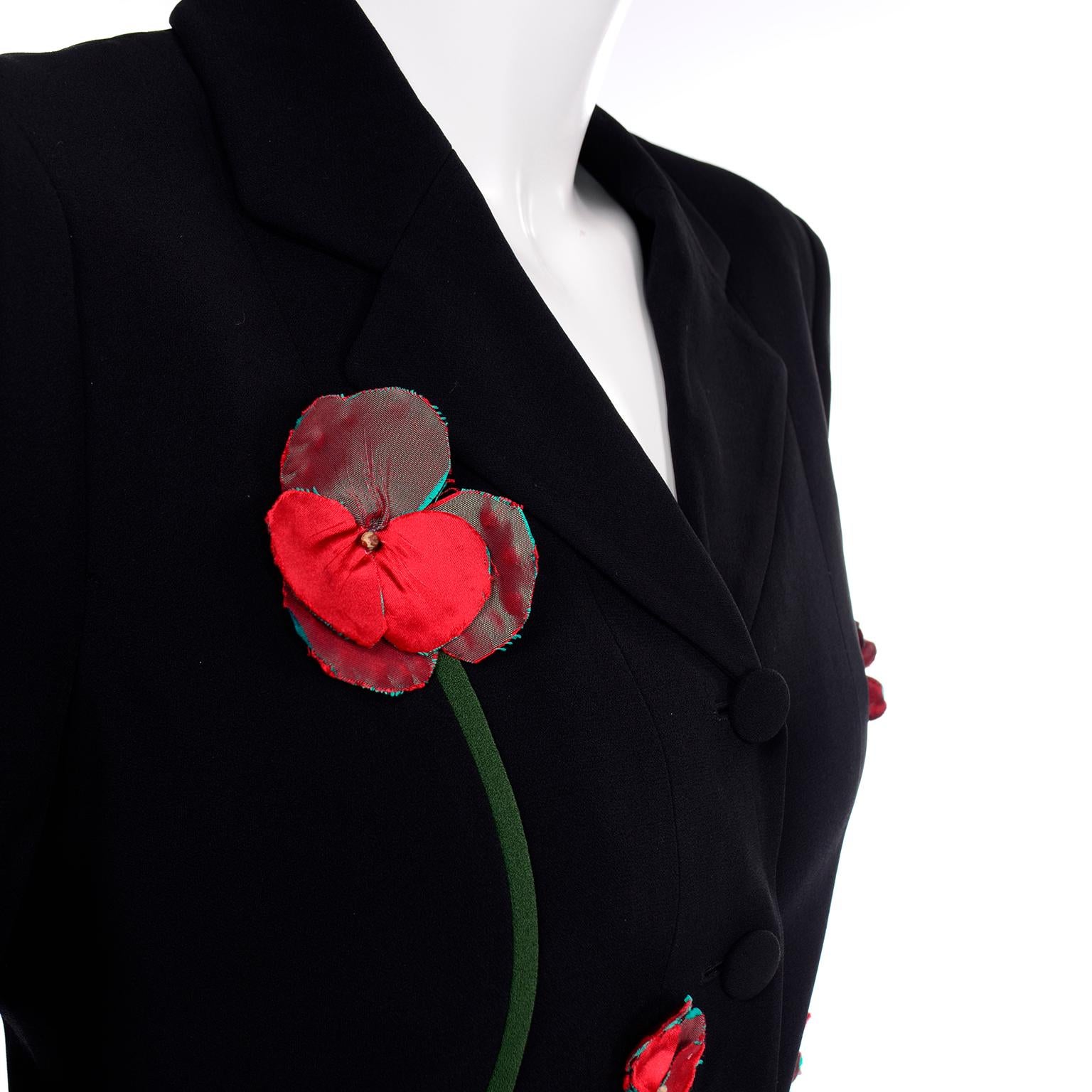 Vintage Moschino Black Skirt & Jacket Suit With Red & Green Flower Applique 1