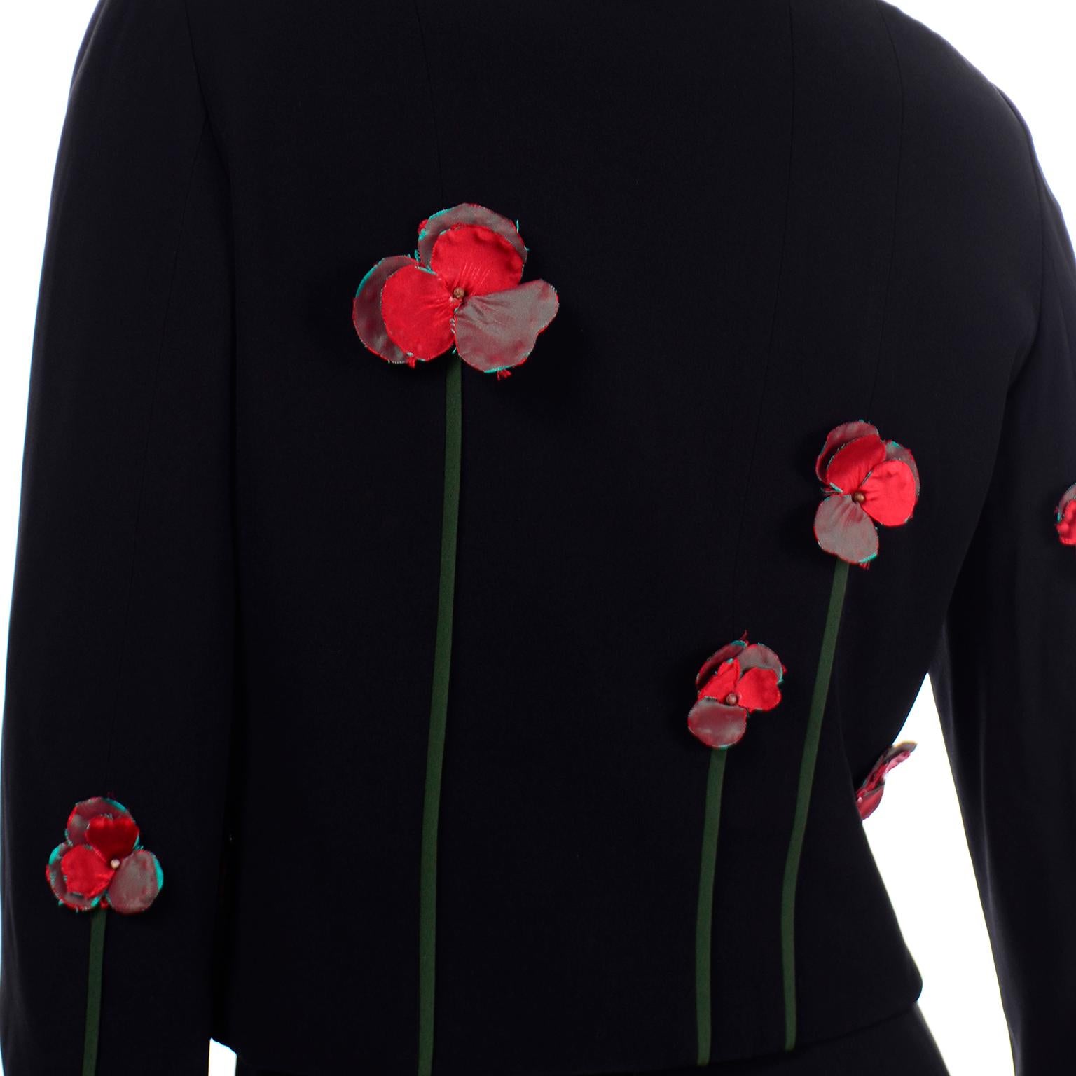 Vintage Moschino Black Skirt & Jacket Suit With Red & Green Flower Applique 2