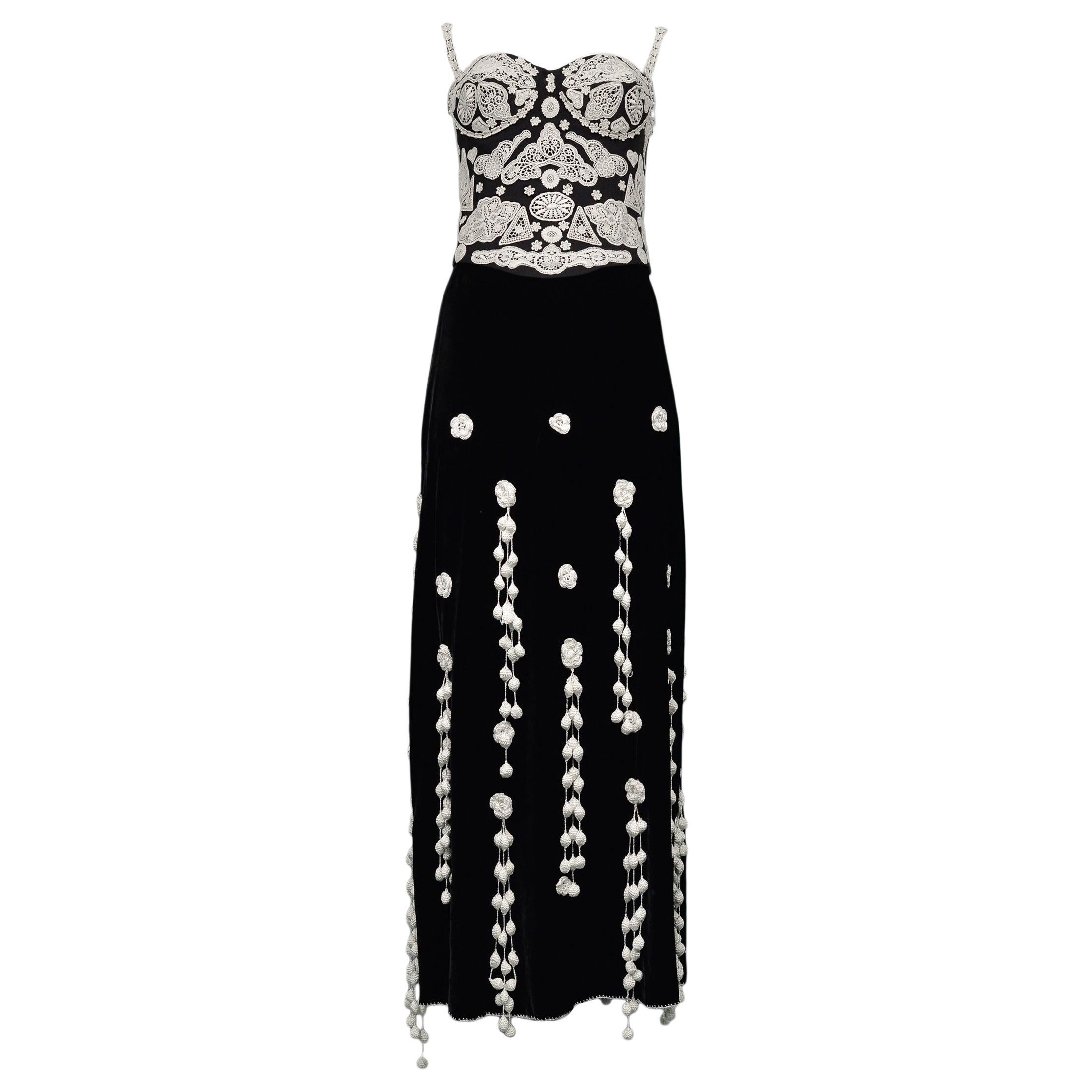 Vintage Moschino Black & White Bustier & Velvet Skirt Set with Crochet Appliqués