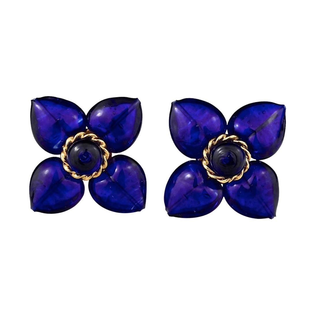 Vintage MOSCHINO Blue Glass Flower Earrings For Sale