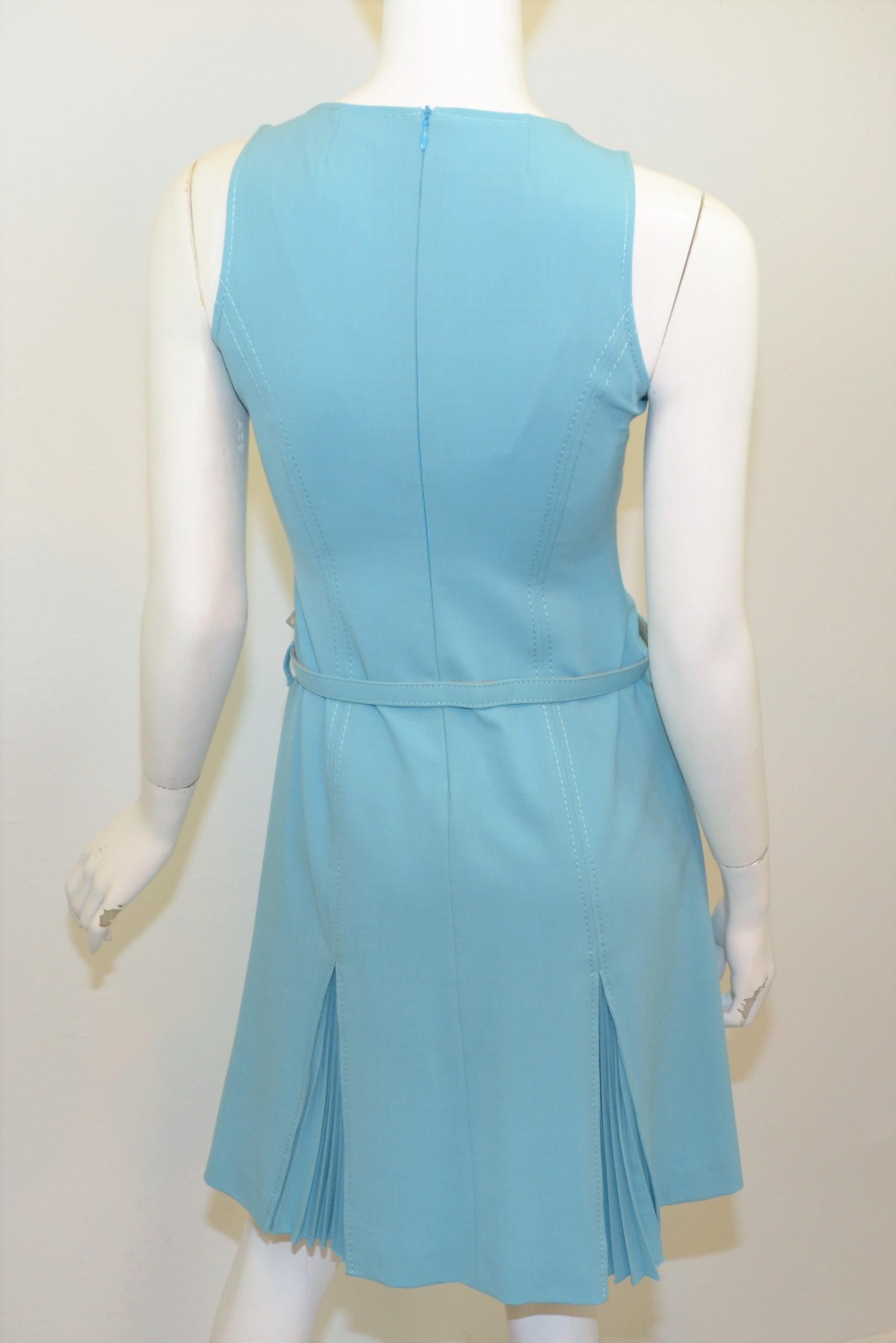 Vintage Moschino Blue Pleated Dress with Belt In Good Condition In Carmel, CA