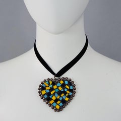 Vintage MOSCHINO Blue Yellow Black Mosaic Heart Pendant Necklace