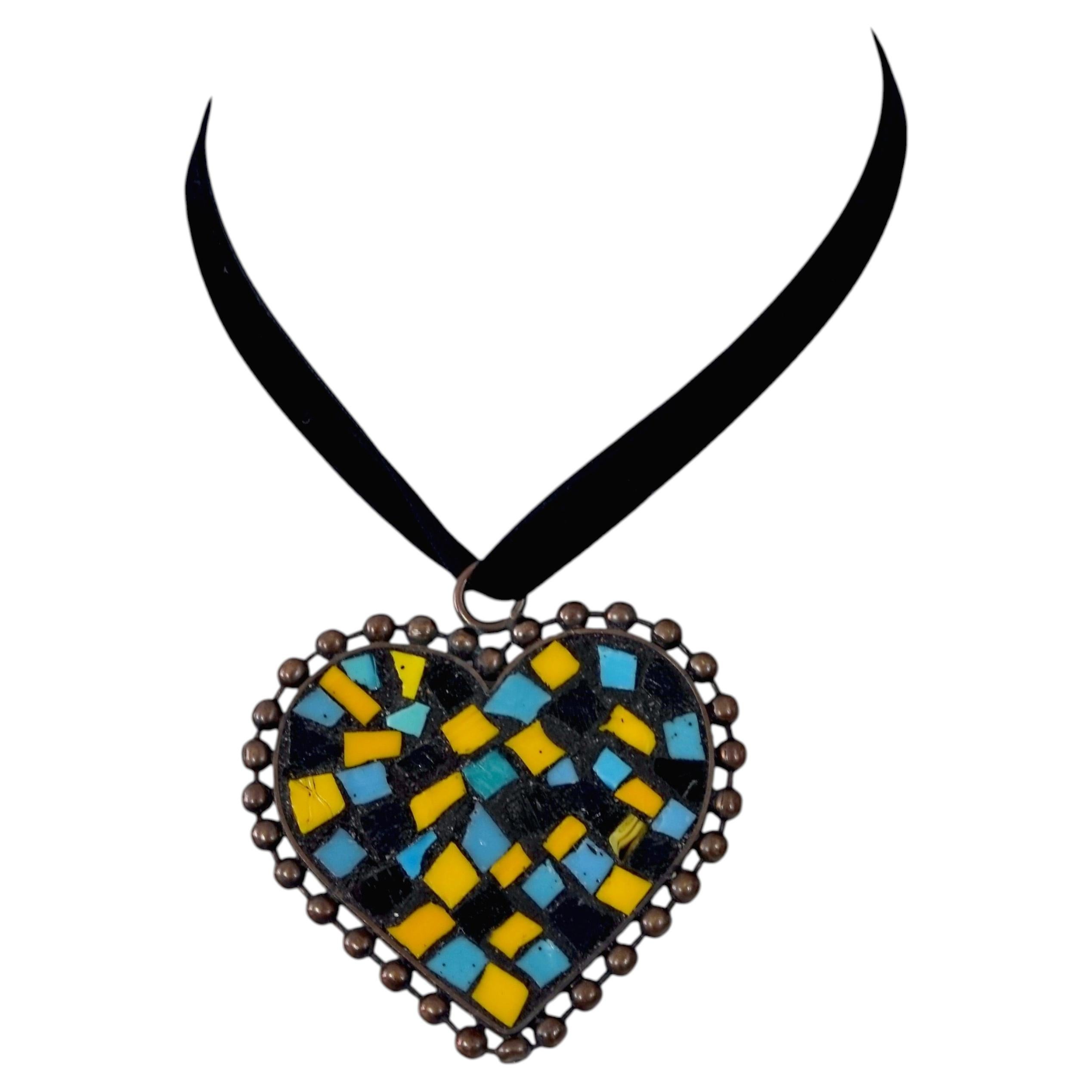 Vintage MOSCHINO Blue Yellow Black Mosaic Heart Pendant Necklace For Sale