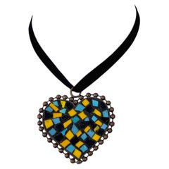Vintage MOSCHINO Blue Yellow Black Mosaic Heart Pendant Necklace
