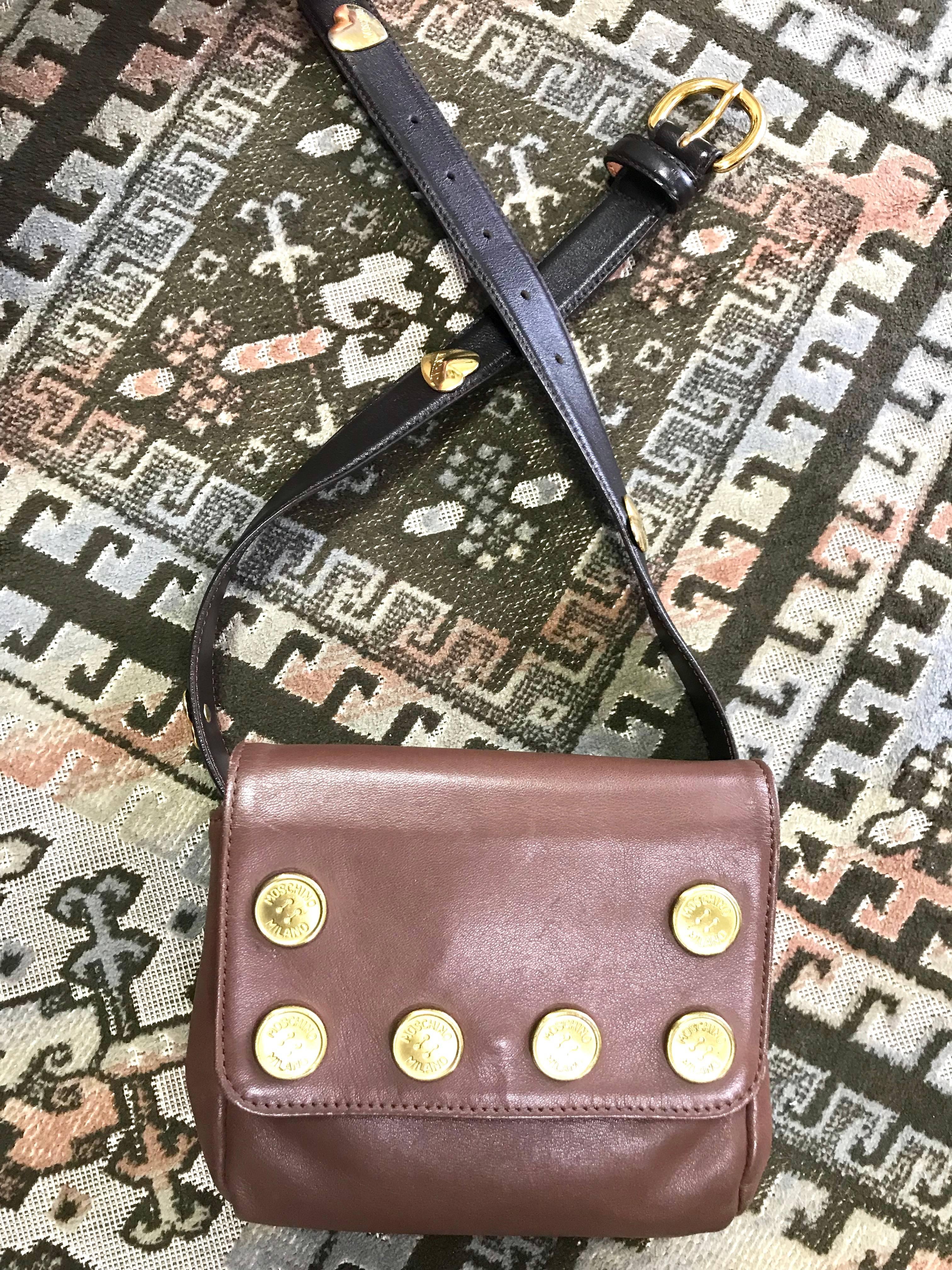 Vintage MOSCHINO brown fanny pack, clutch bag with button motifs and belt. For Sale 4