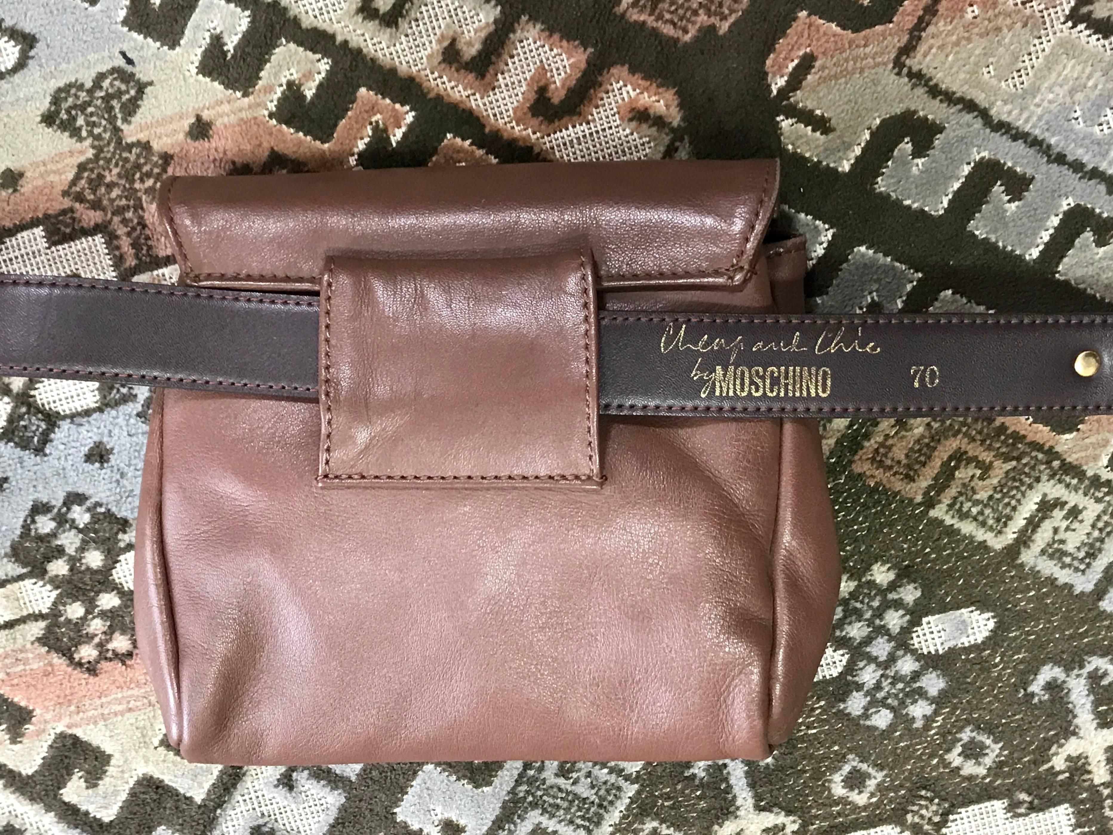 Black Vintage MOSCHINO brown fanny pack, clutch bag with button motifs and belt. For Sale