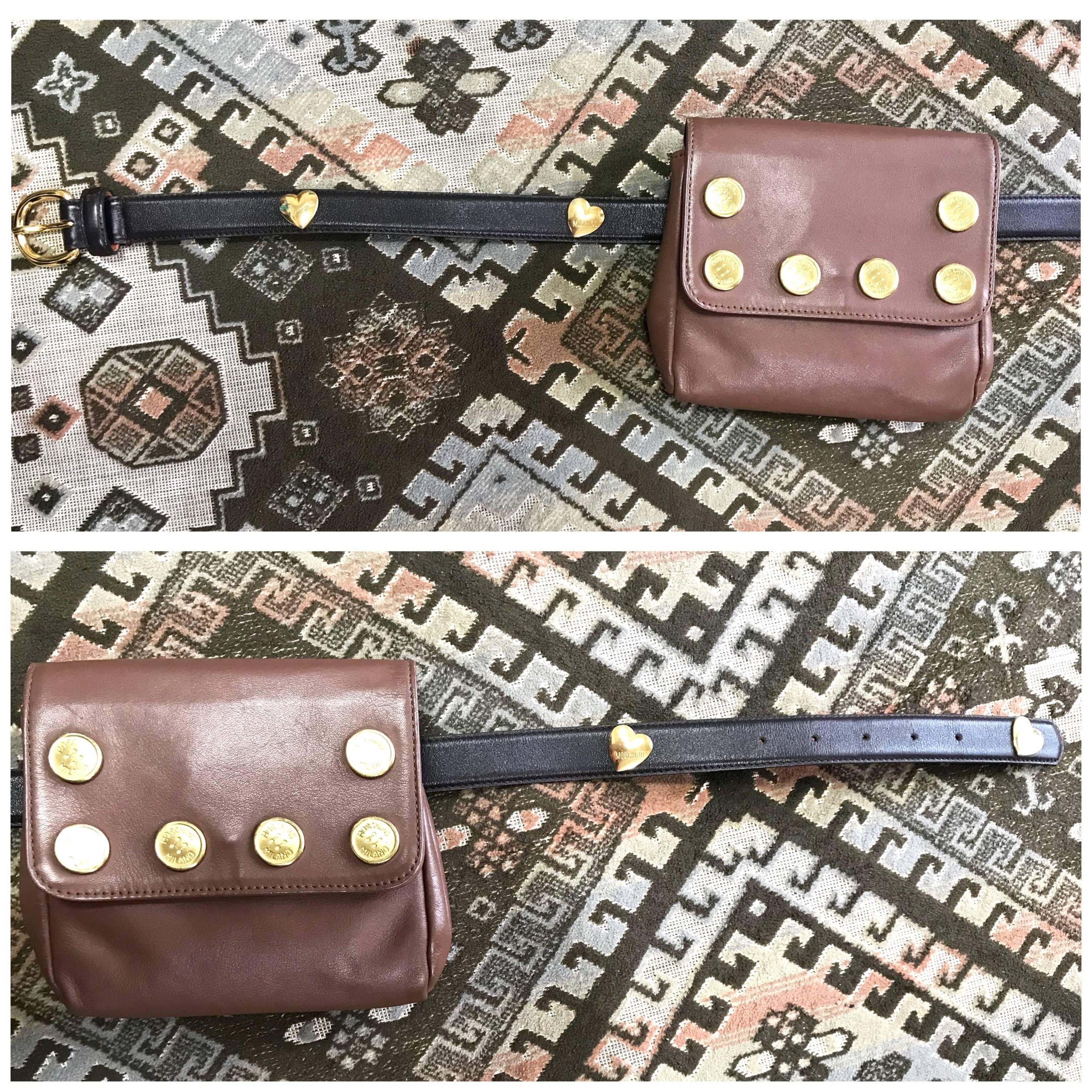 Vintage MOSCHINO brown fanny pack, clutch bag with button motifs and belt. For Sale 1
