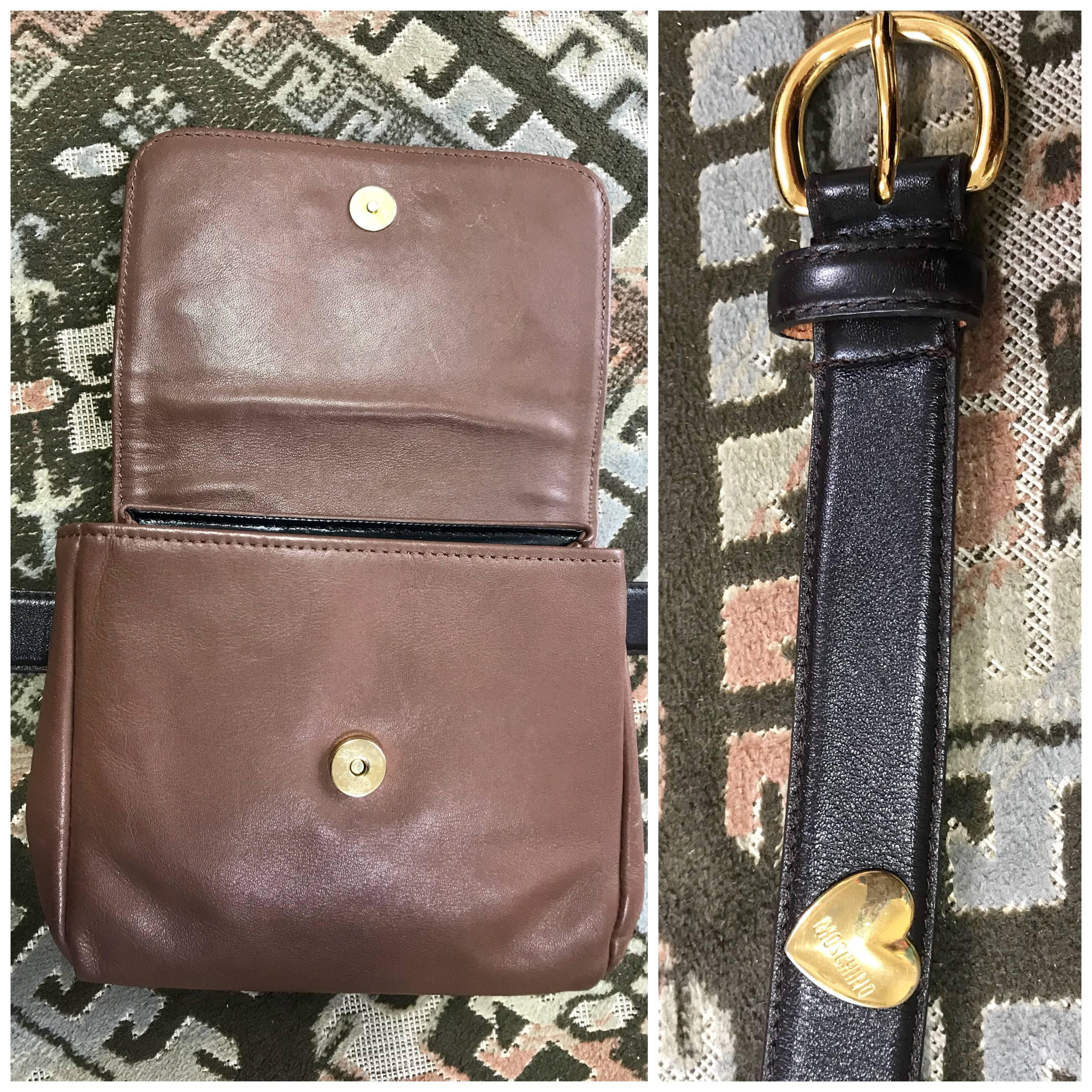 Vintage MOSCHINO brown fanny pack, clutch bag with button motifs and belt. For Sale 2